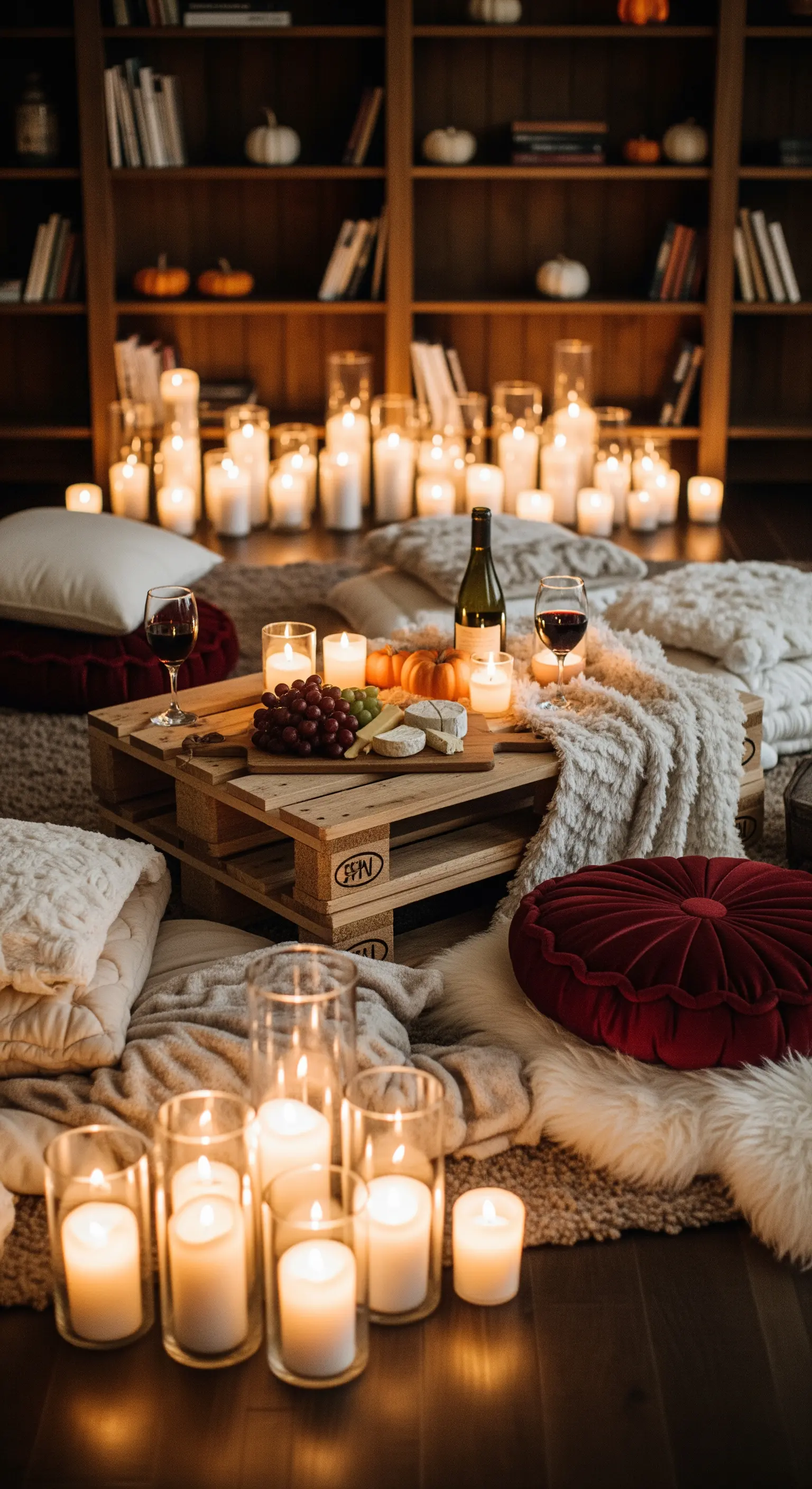 Palettentisch mit Kerzen und Kissen am Boden