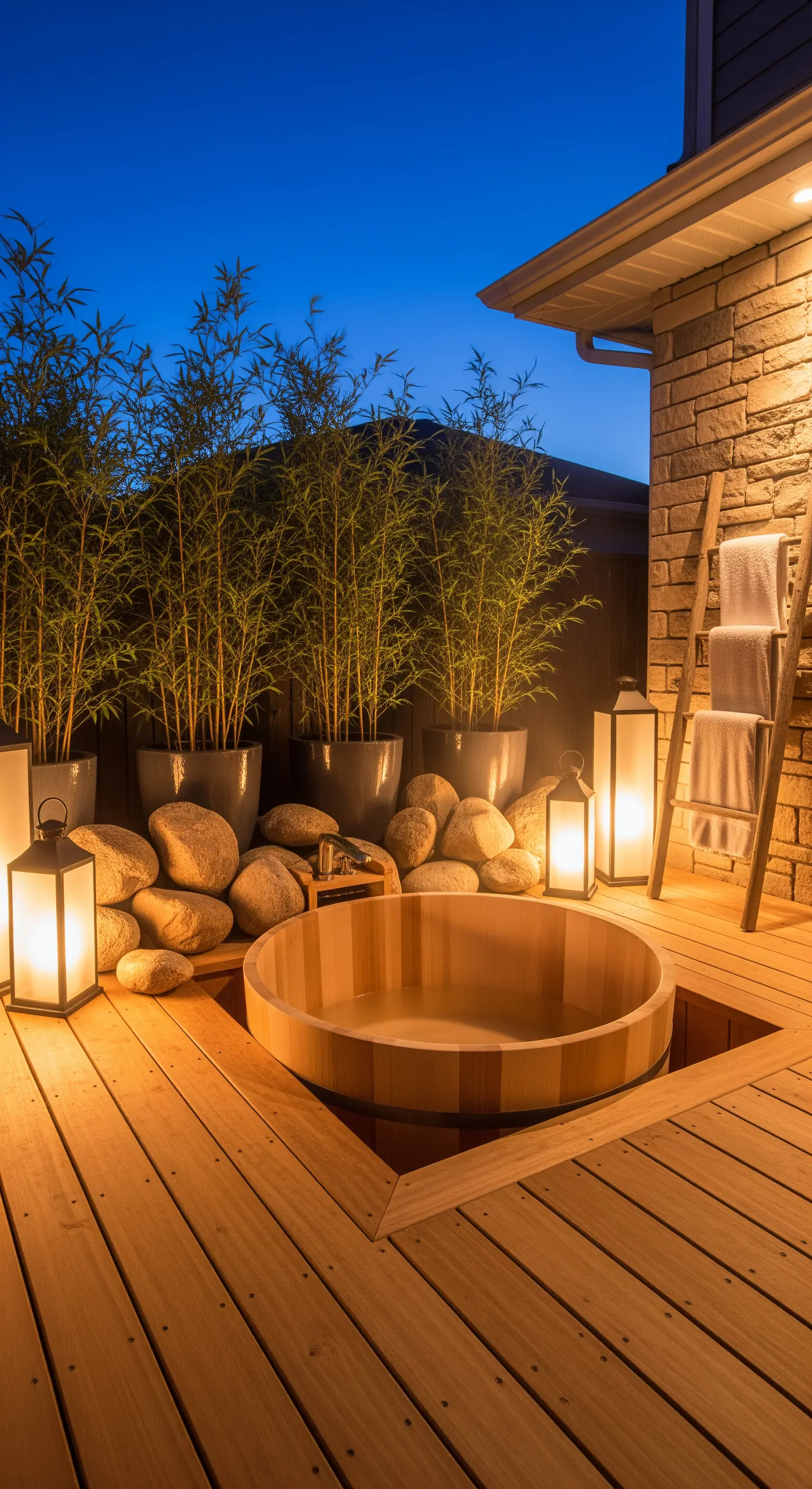 Hölzerner Badezuber eingelassen in Terrasse mit Laternen