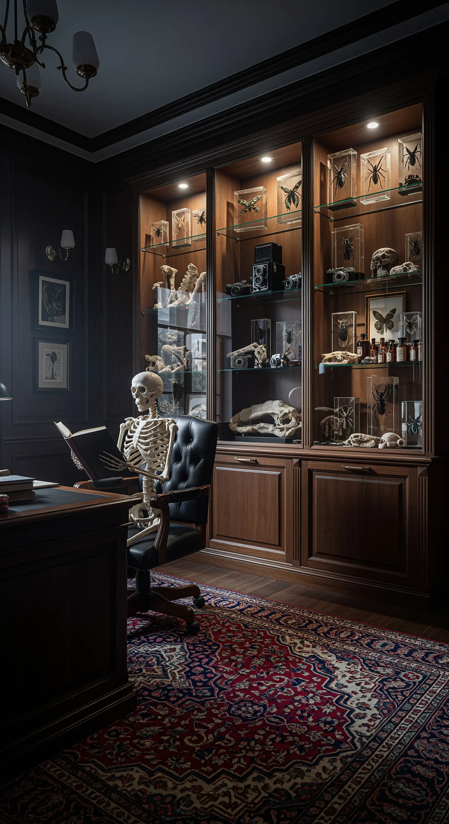 Beleuchtete Vitrine mit Skelett und Exponaten