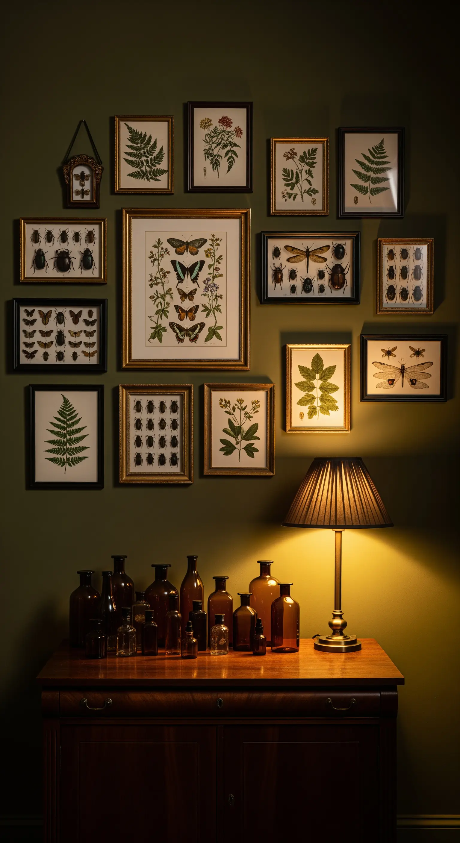 Grüne Wand voller gerahmter Insekten und Pflanzenbilder
