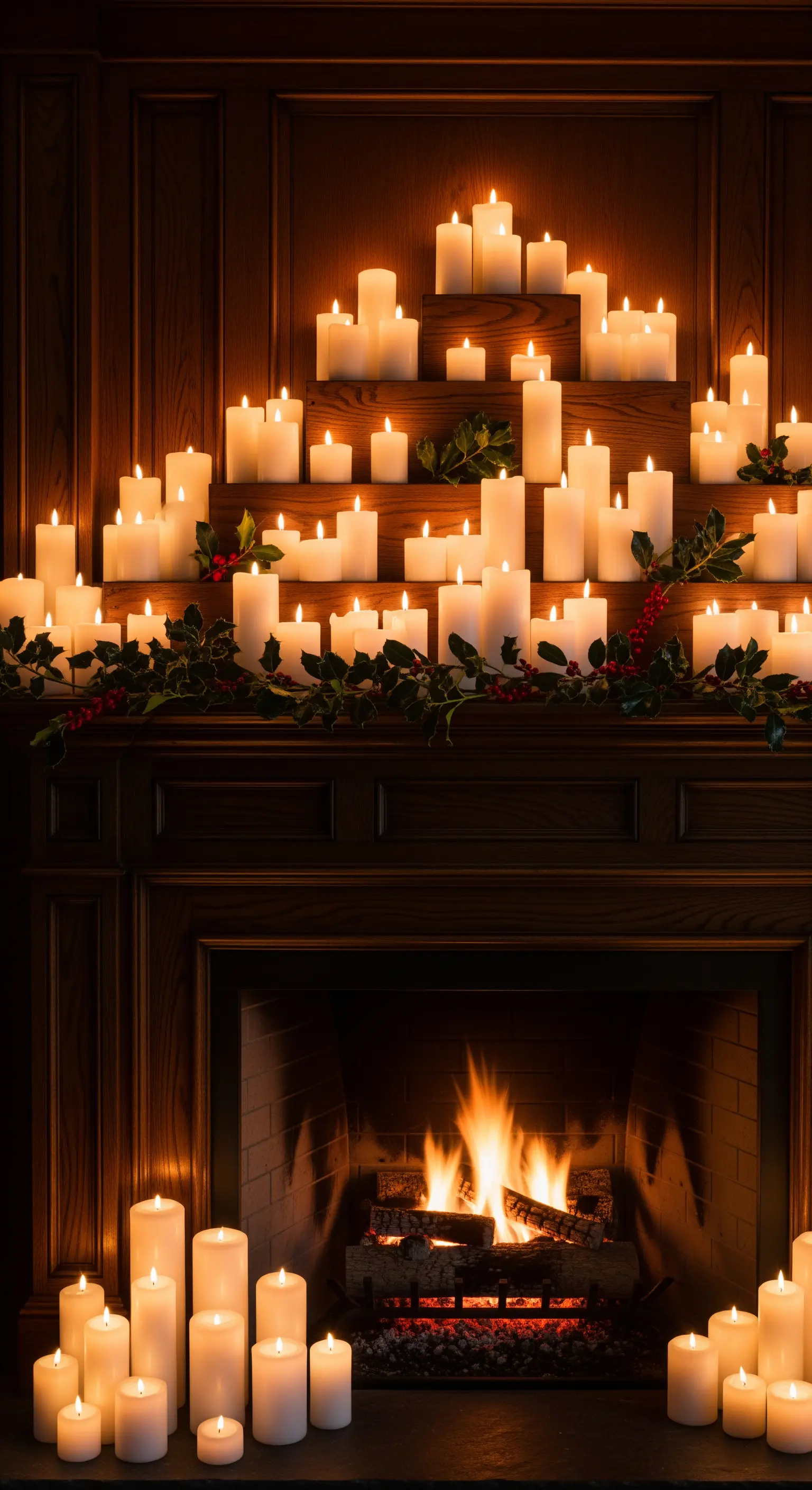 Kaminöffnung gefüllt mit vielen weißen Stumpenkerzen auf Holzstufen