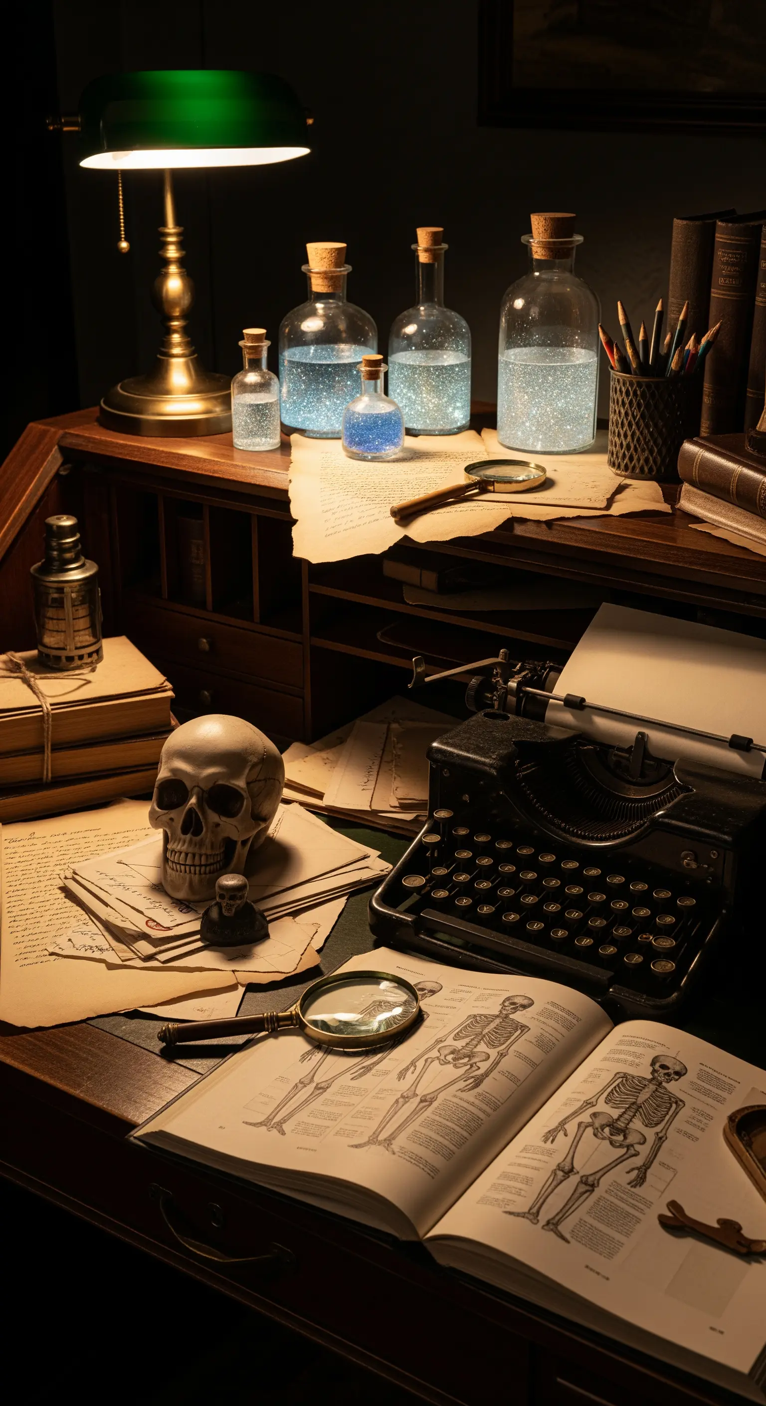Schreibmaschine mit Zaubertrankflaschen und Schädel