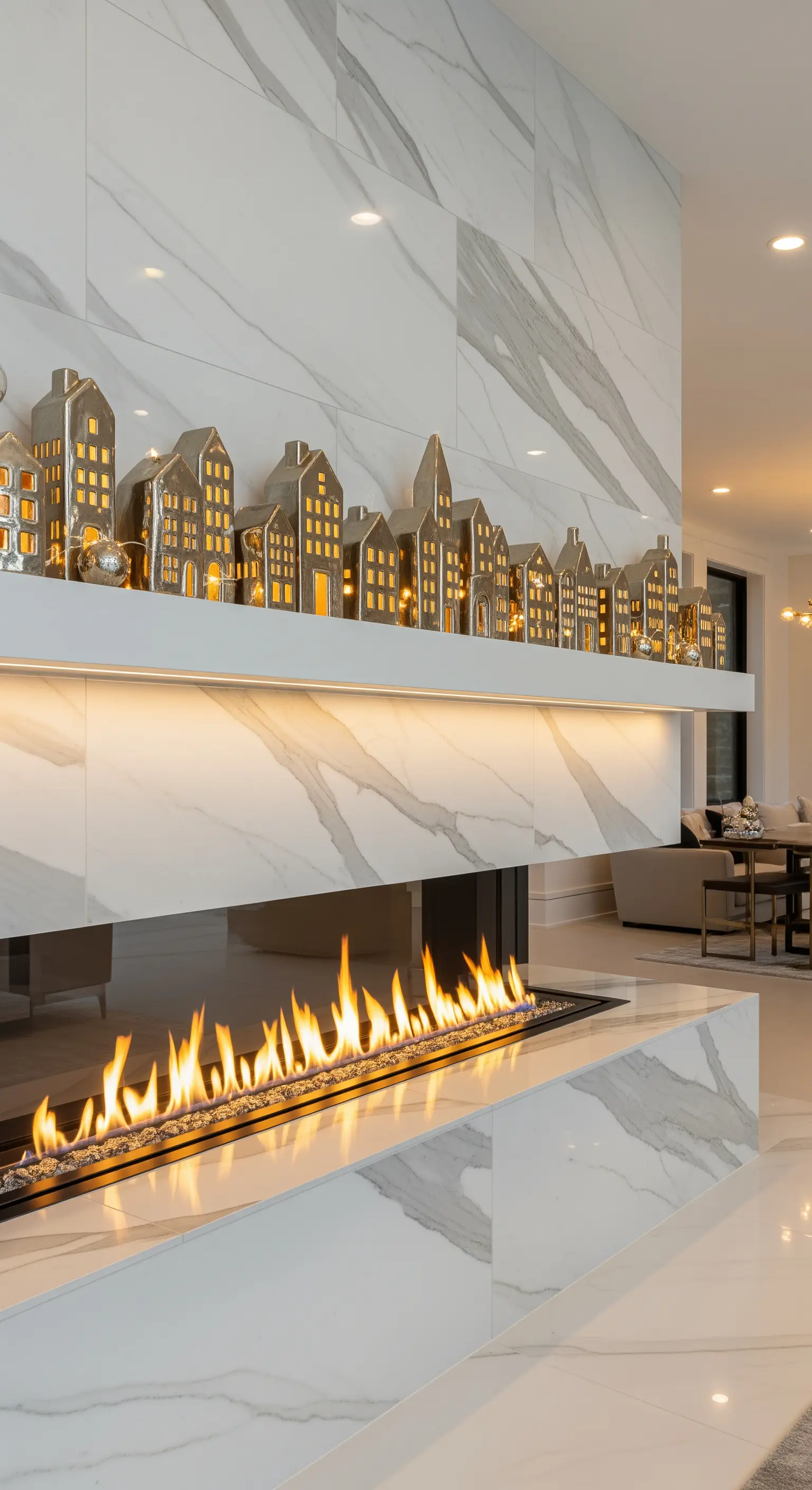 Moderner Marmorkamin mit einer langen Reihe beleuchteter Häuser aus Gold und Silber.