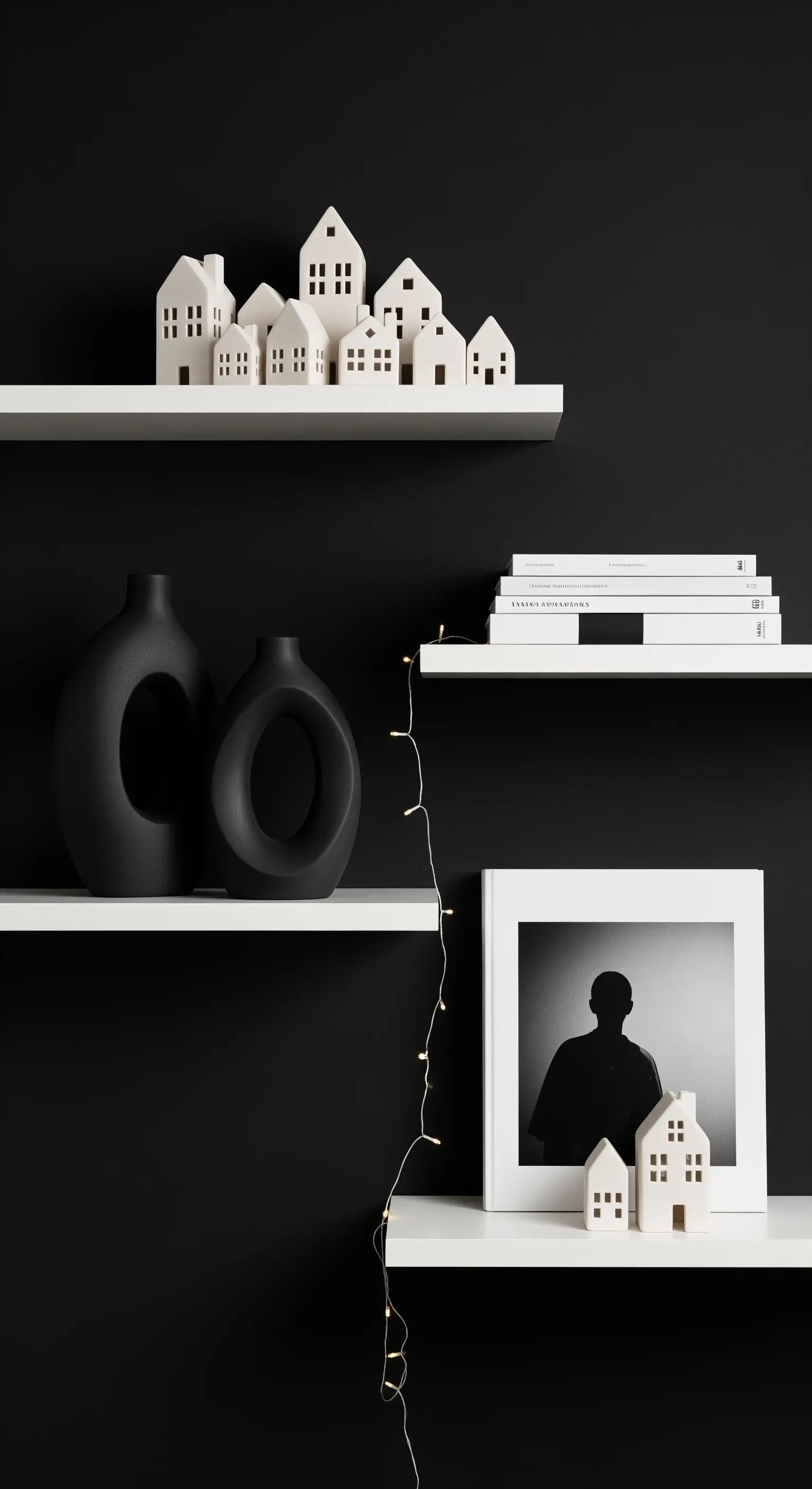 Schwarzes Regal mit weißen Keramikhäusern und Büchern vor schwarzer Wand