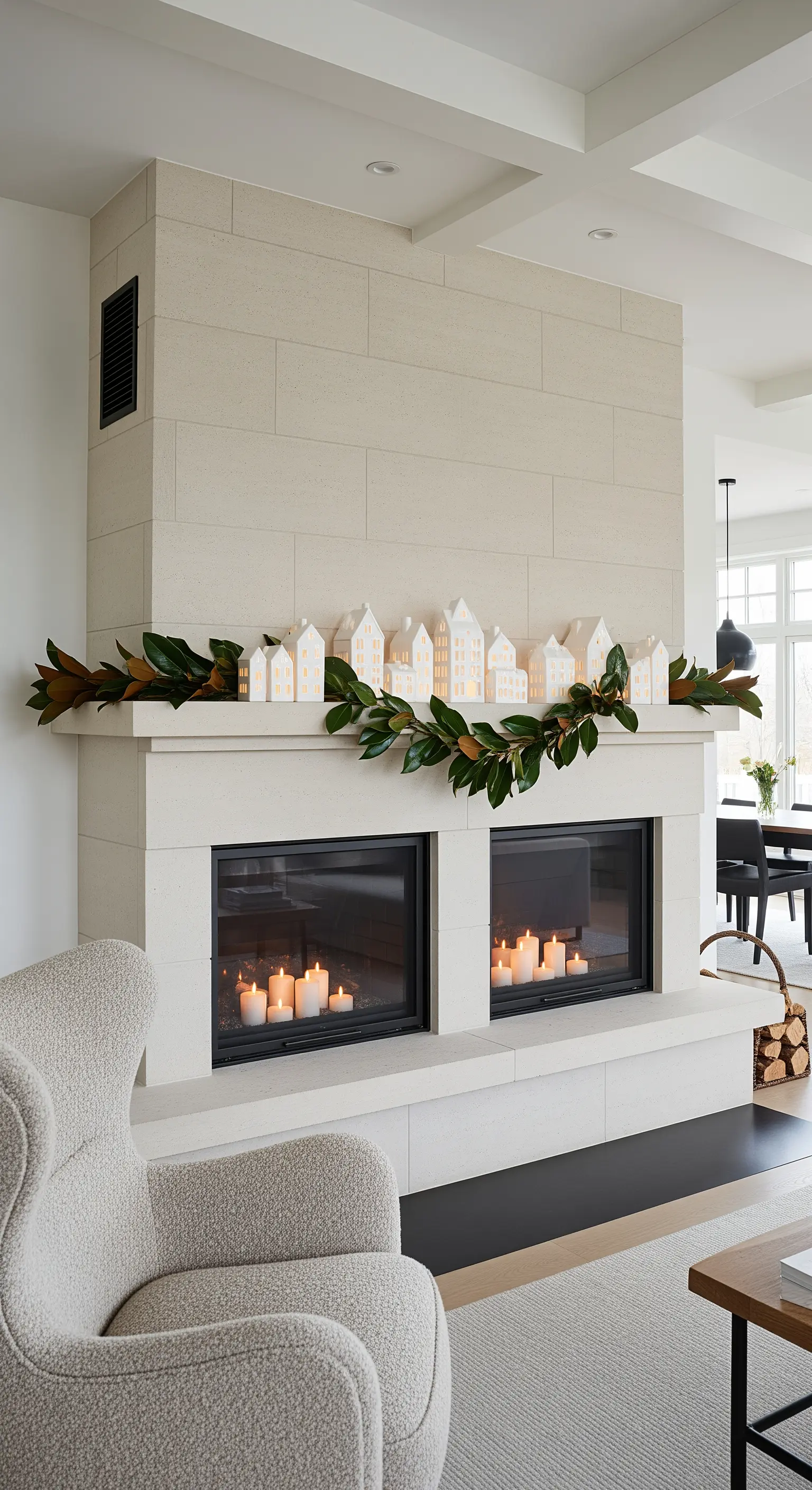 Weiße Lichthäuser-Reihe auf Kaminsims mit Magnolienblättern