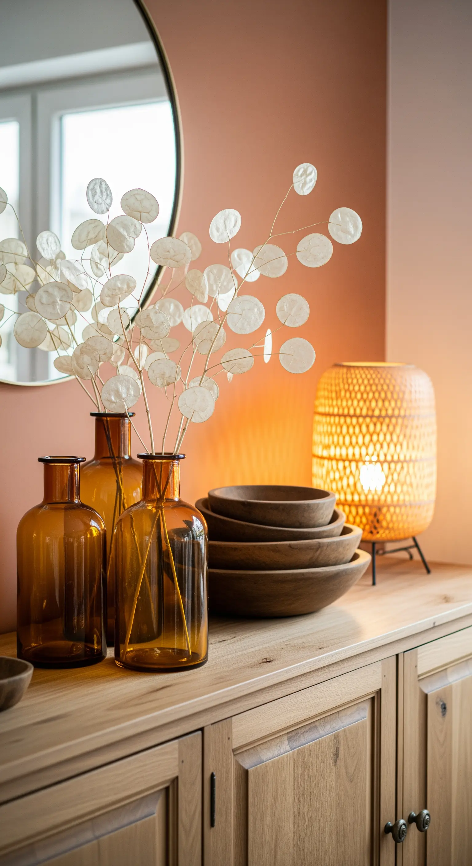 Silberblattzweige in braunen Glasvasen vor terrakottafarbener Wand