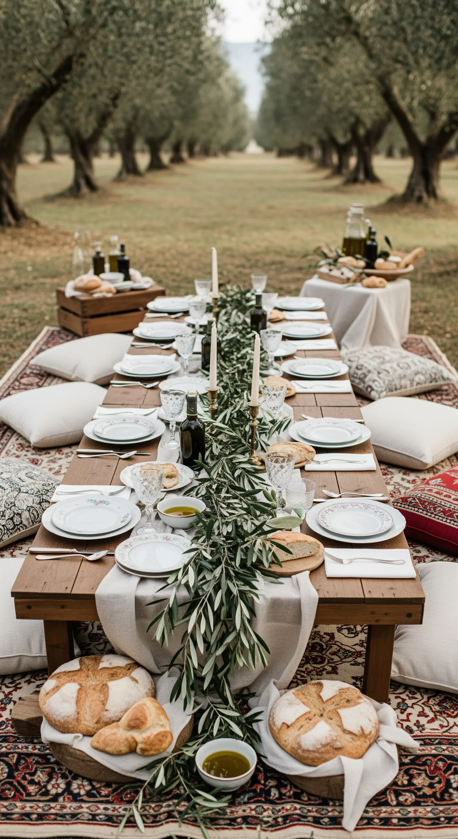 Niedriger Picknicktisch im Freien mit Kissen und Teppichen