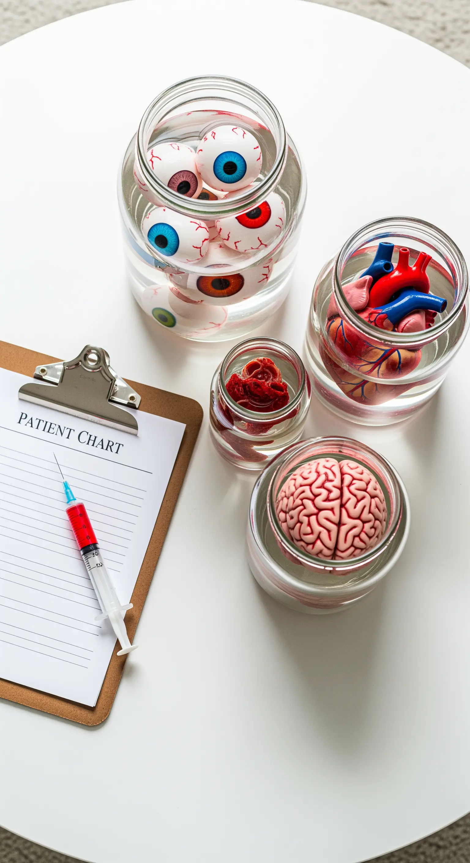 Einmachgläser mit Augen und Organen neben Klemmbrett und Spritze