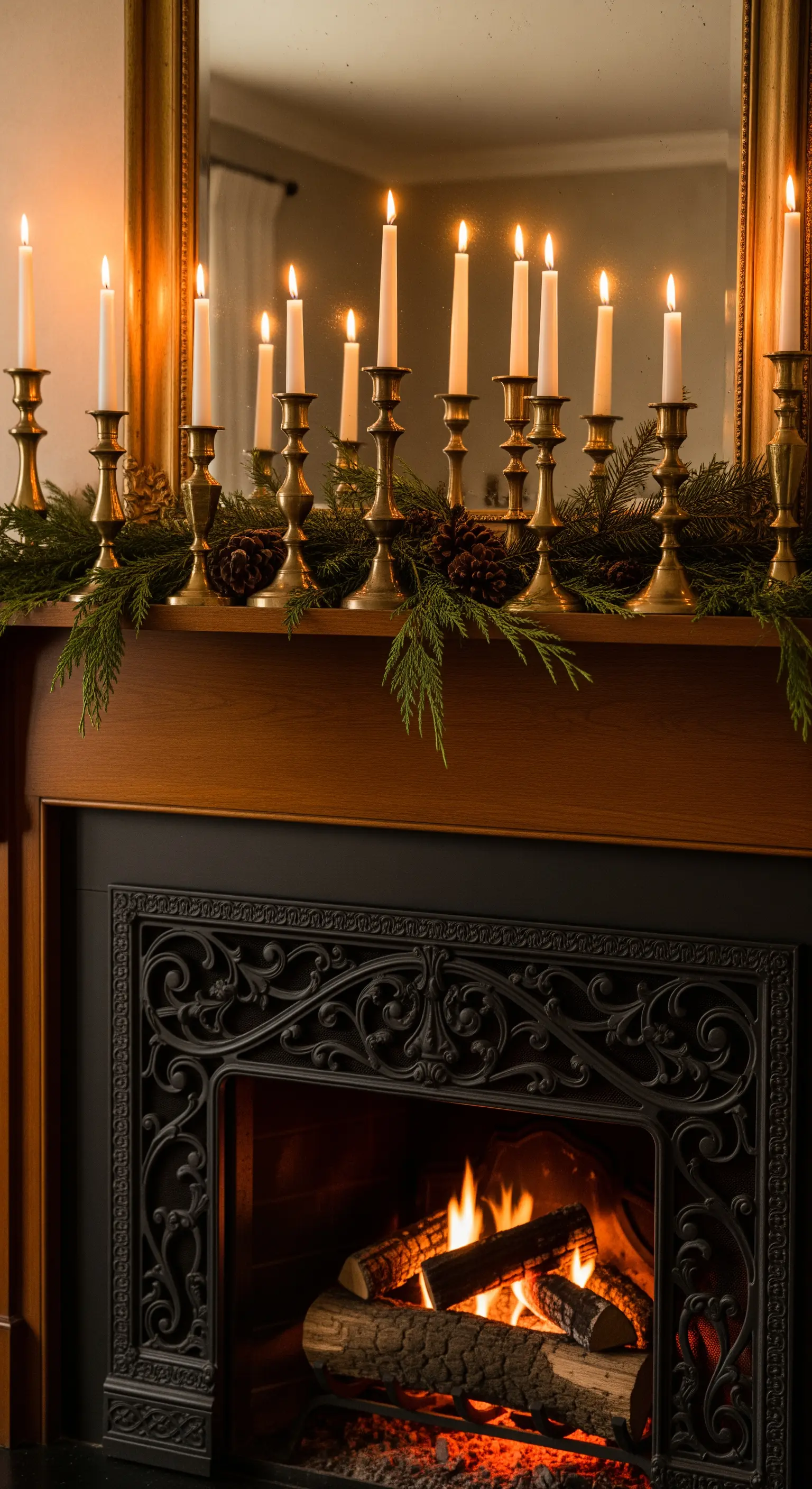 Viele Stabkerzen vor goldenem Spiegel