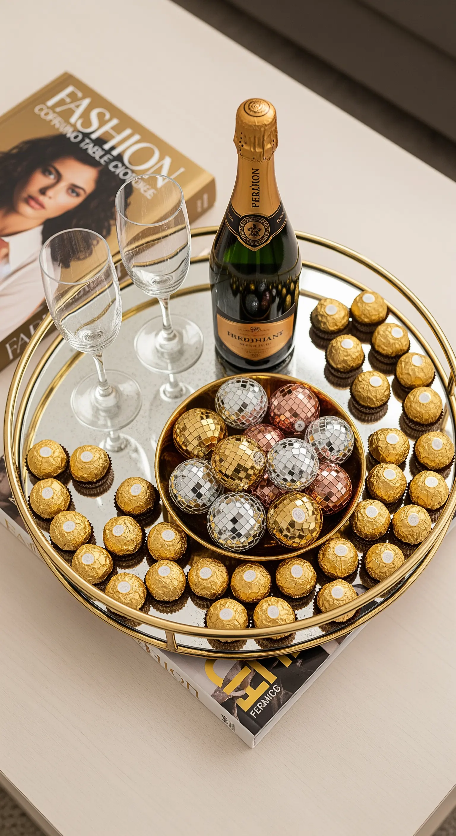 Goldenes Spiegeltablett mit Champagner und Rocher-Kugeln