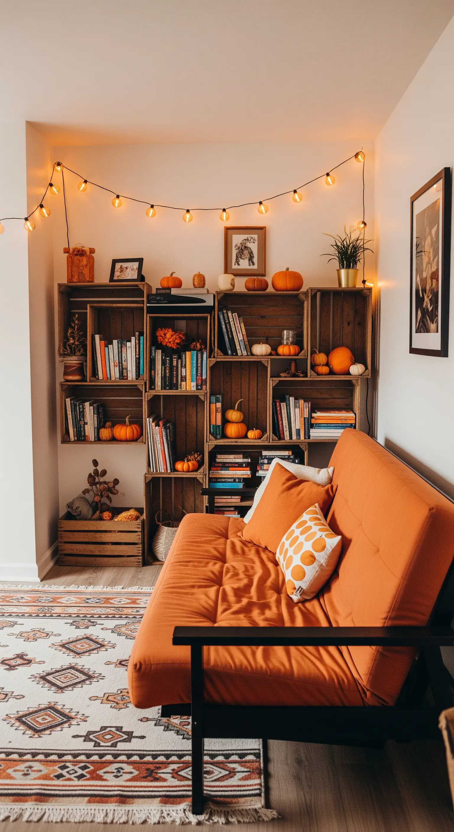 Regal aus gestapelten Holzkisten mit Lichterkette und Kürbis-Deko neben orangem Sofa