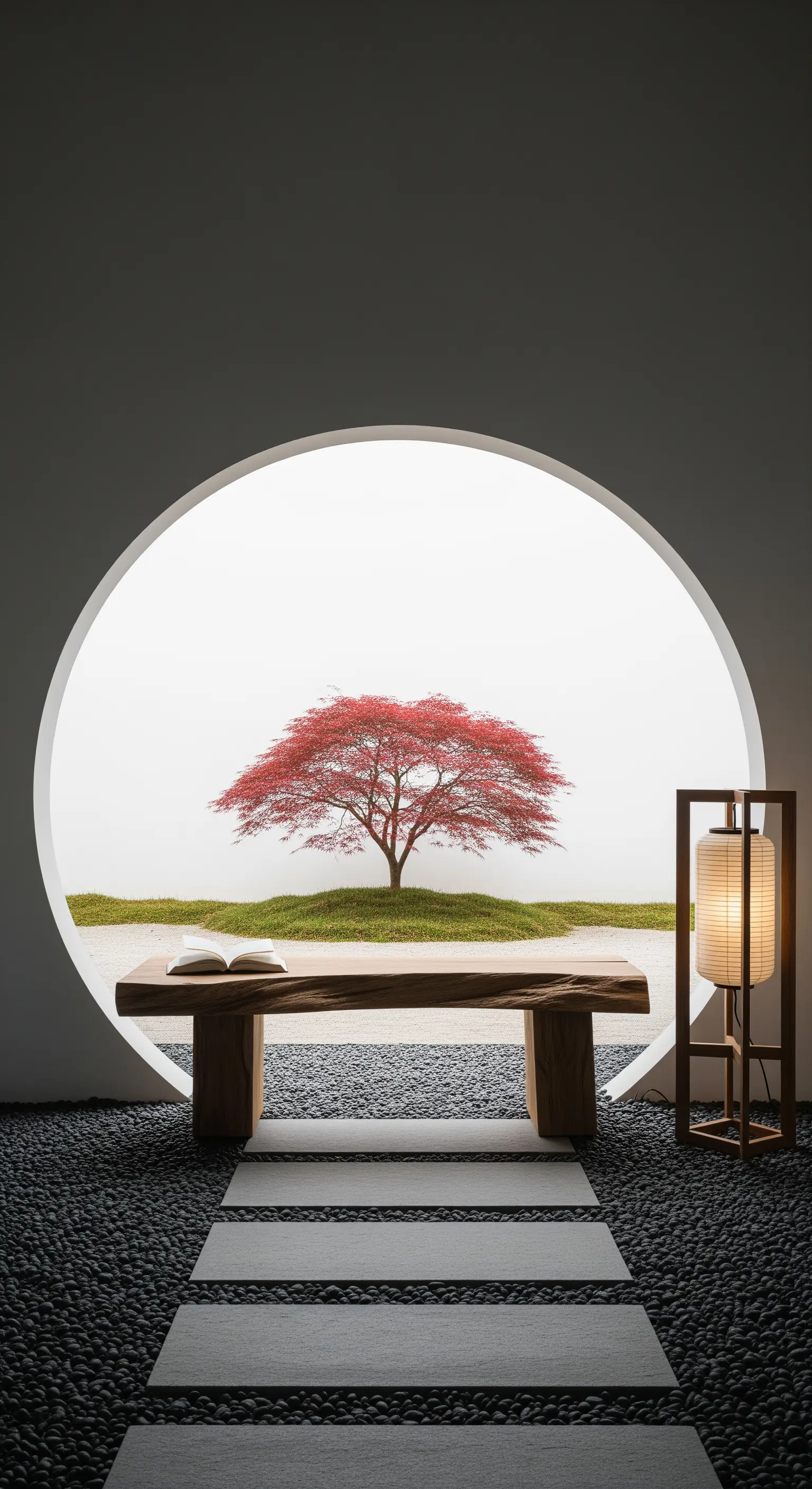 Runder Wanddurchbruch mit Blick auf Ahornbaum