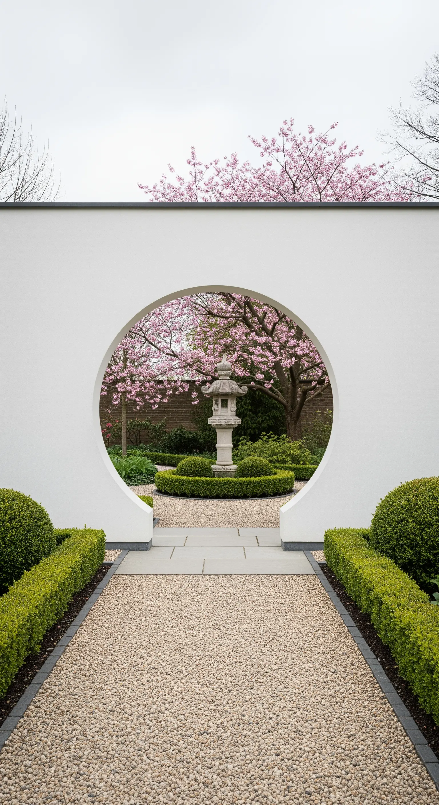 Weißes Mondtor in Mauer mit Blick auf japanischen Garten