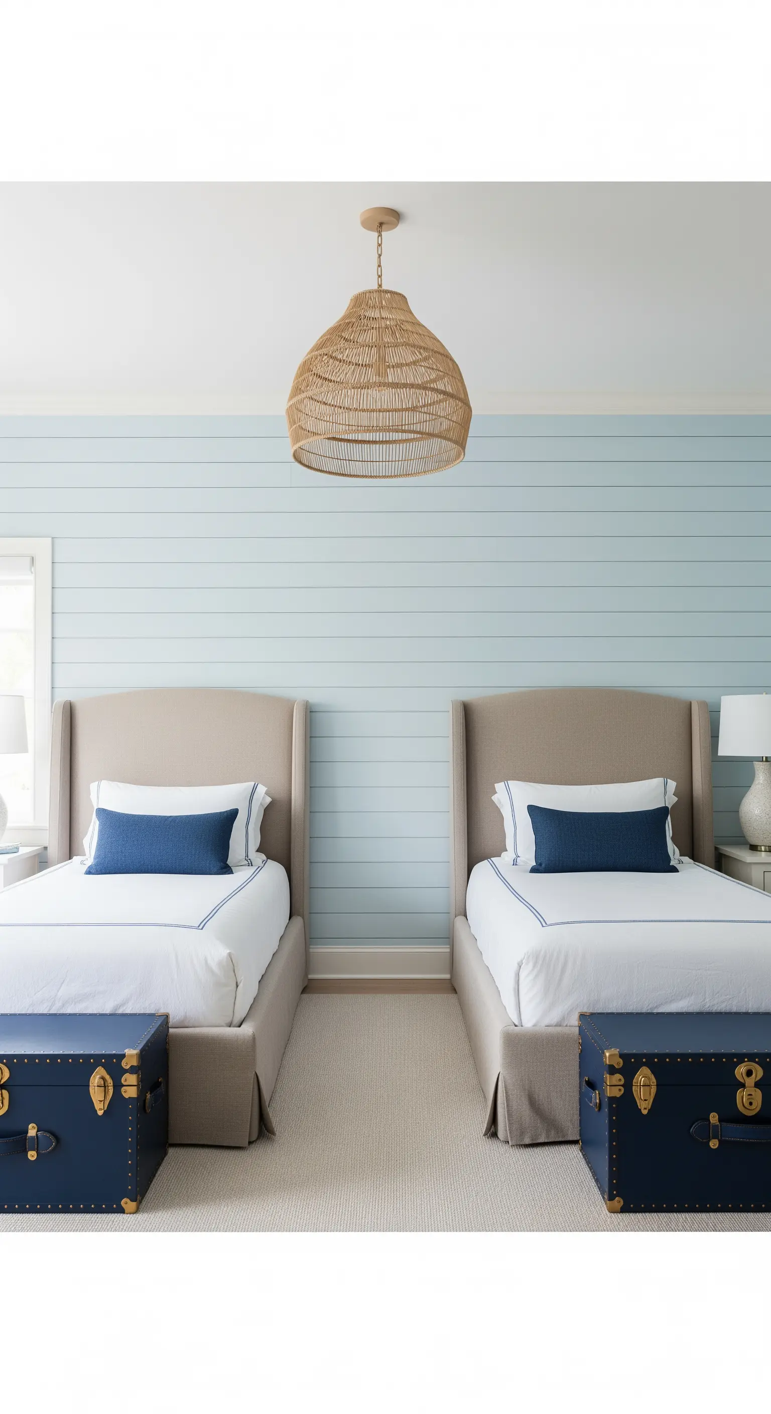 Zwei Einzelbetten mit blauen Truhen davor