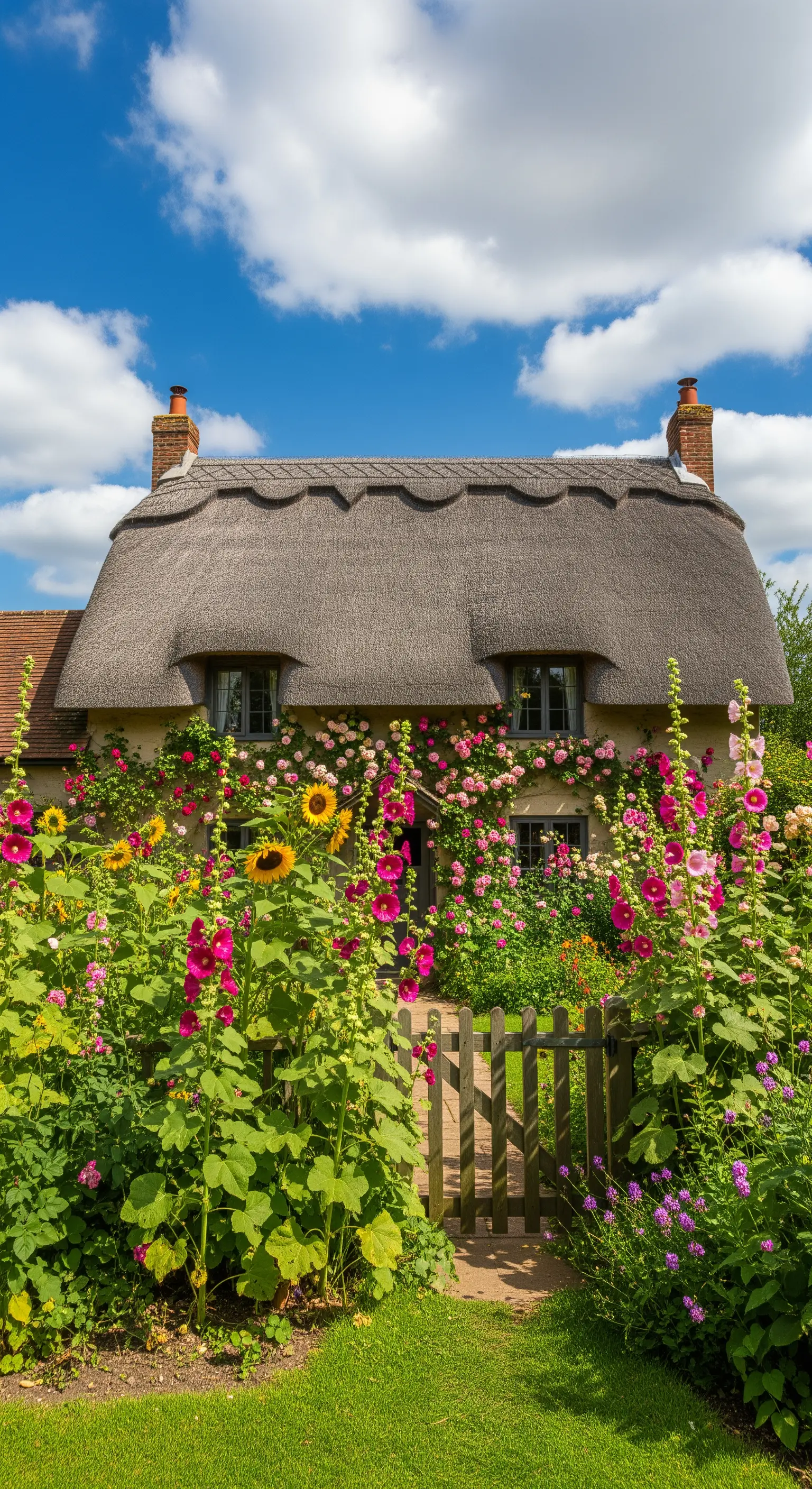 Reetdachhaus mit üppigen Stockrosen und Sonnenblumen vor der Fassade