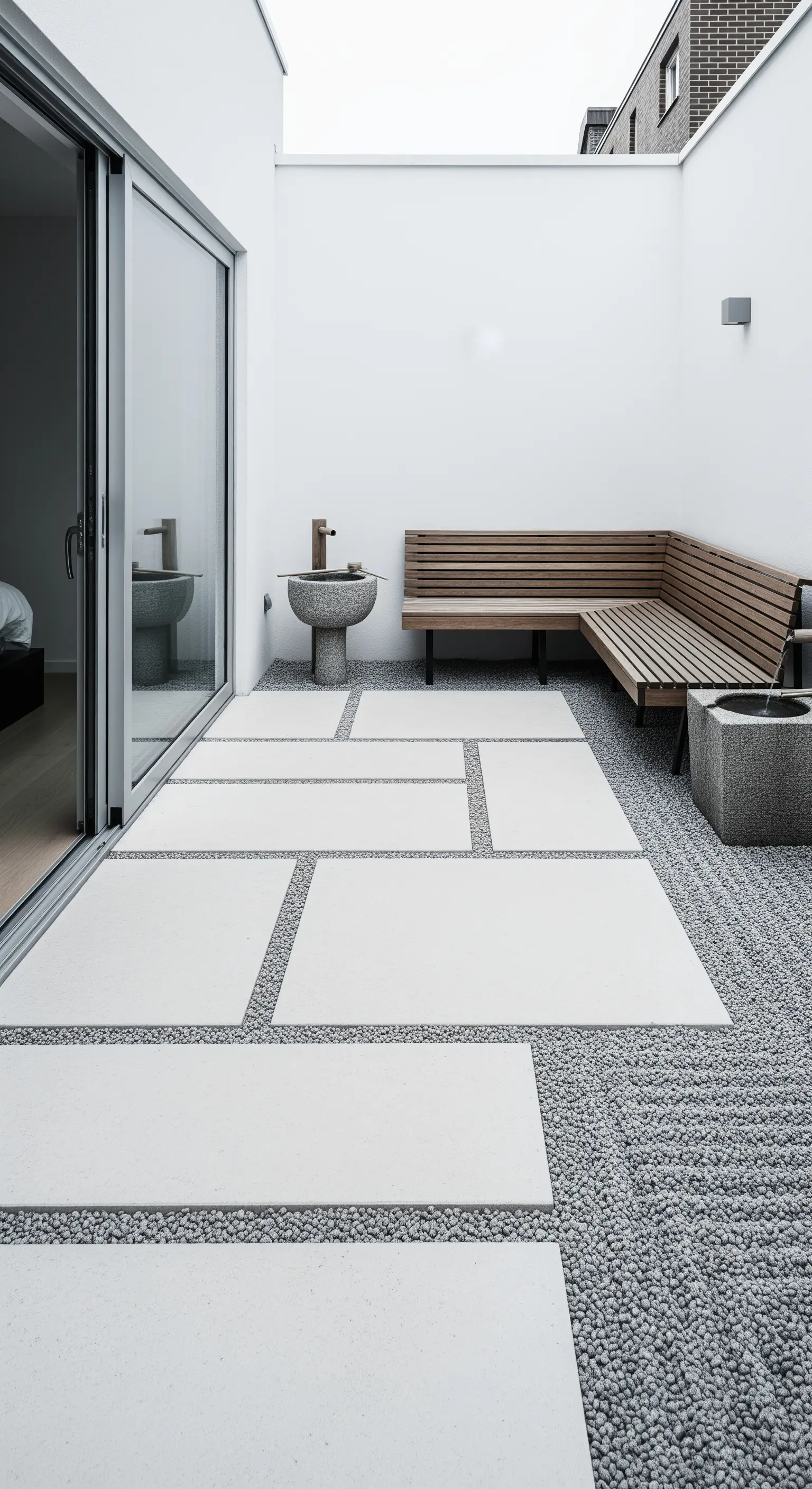 Modernes Stein-Wasserbecken mit Bambusrohr