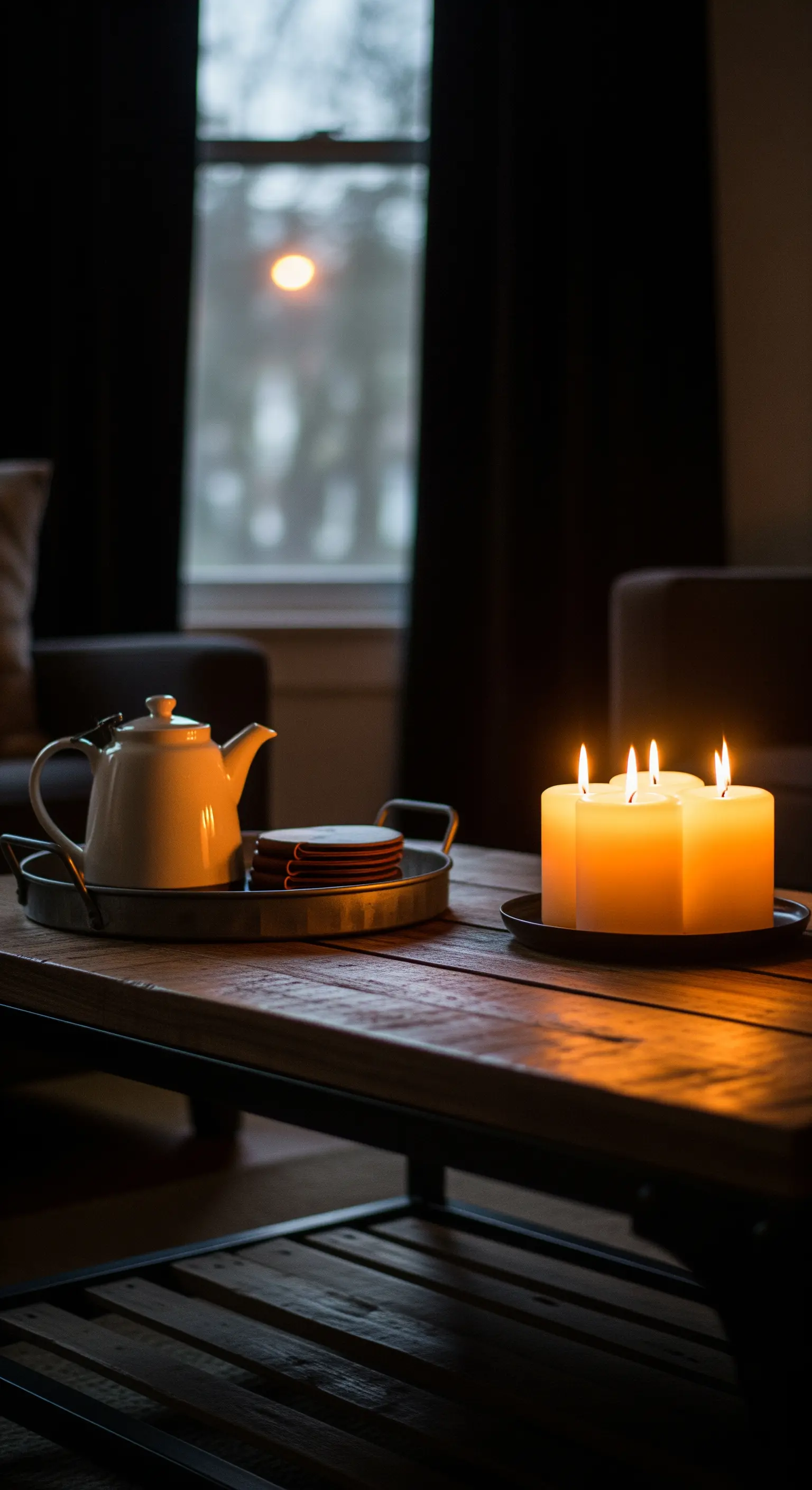 Teekanne und brennende Kerzen auf einem Holztisch