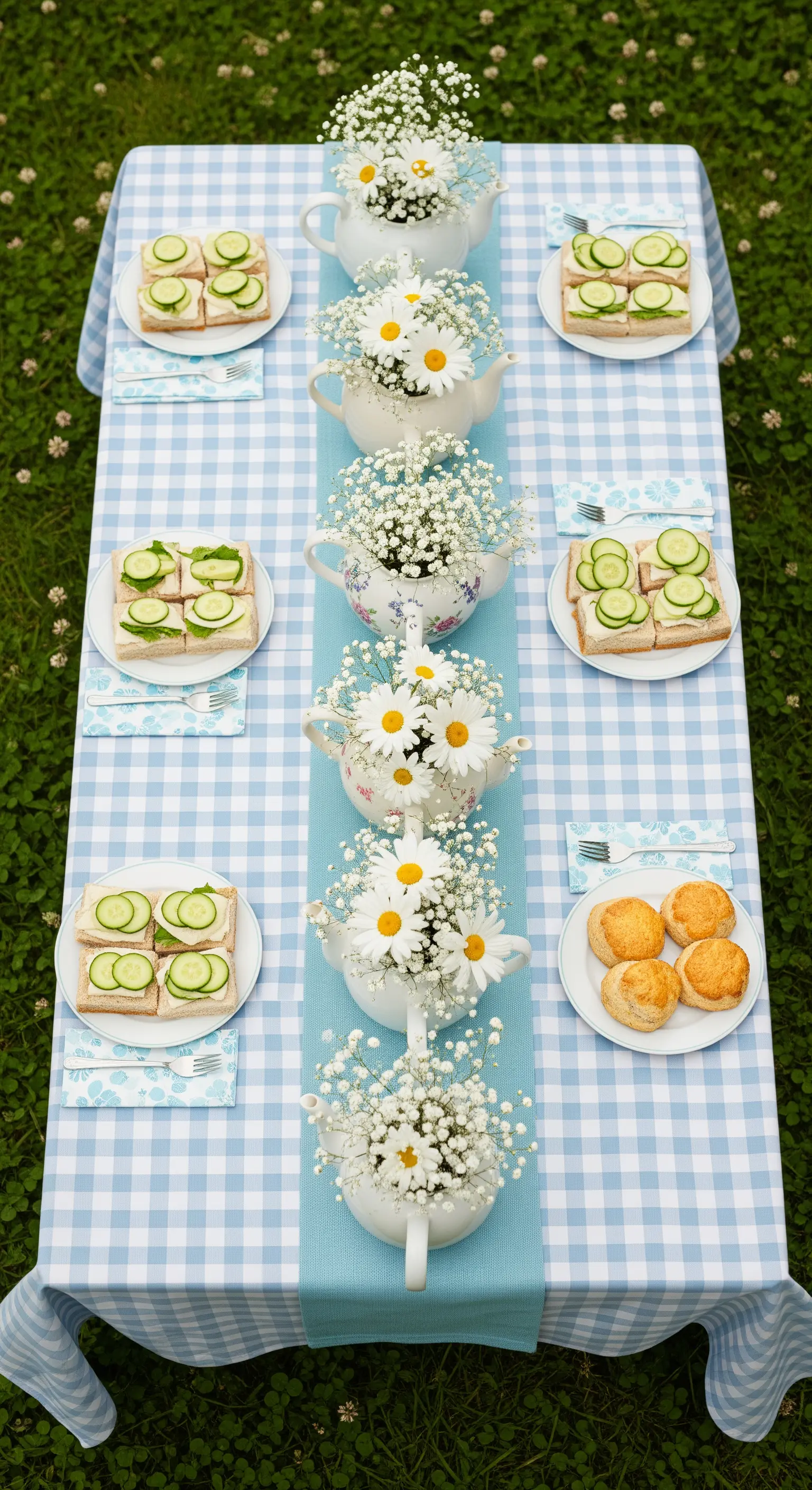 Tisch mit karierter Decke und symmetrisch angeordneten Sandwiches