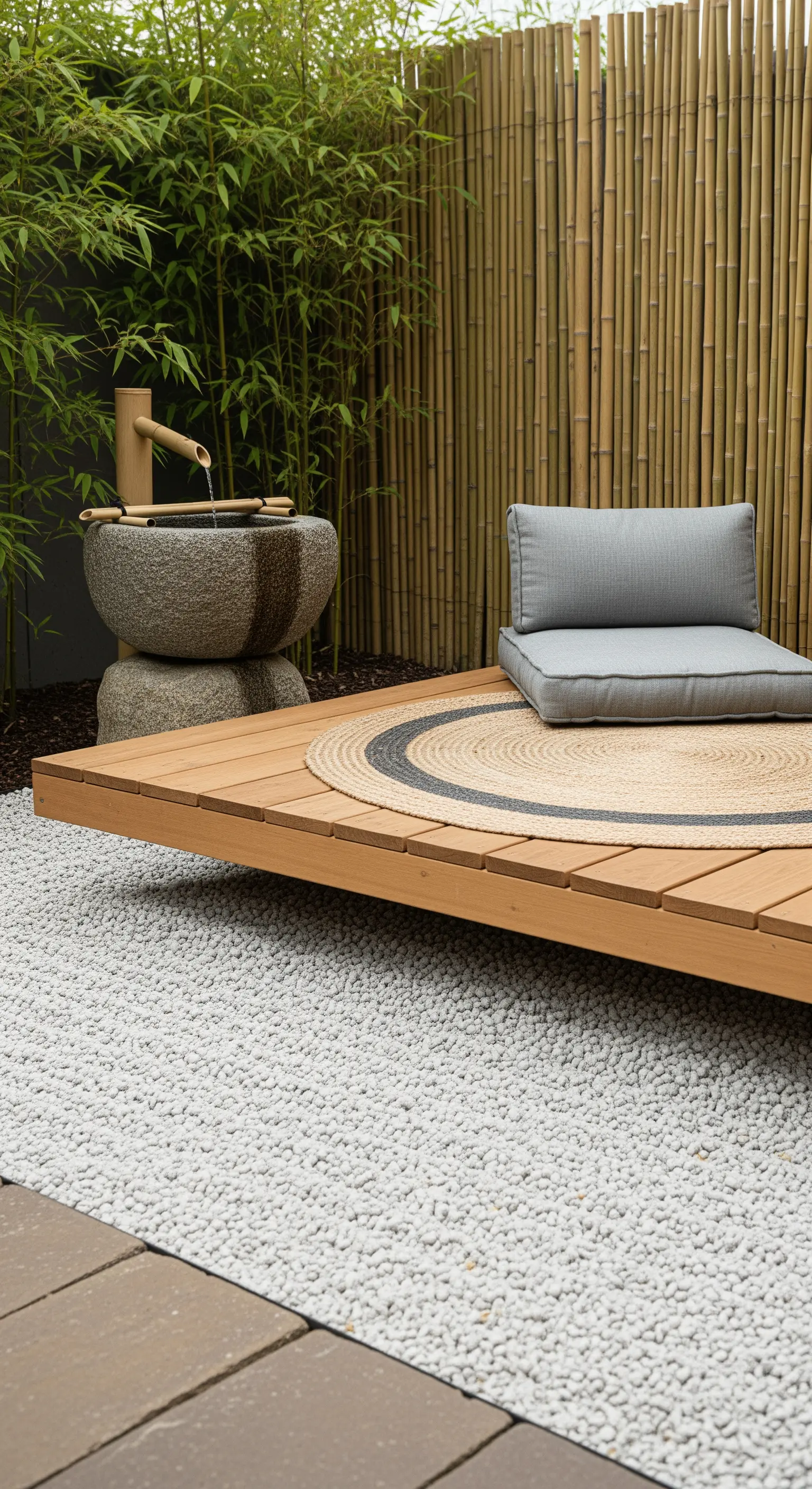 Bambus-Wasserspiel über Steinbecken im Garten