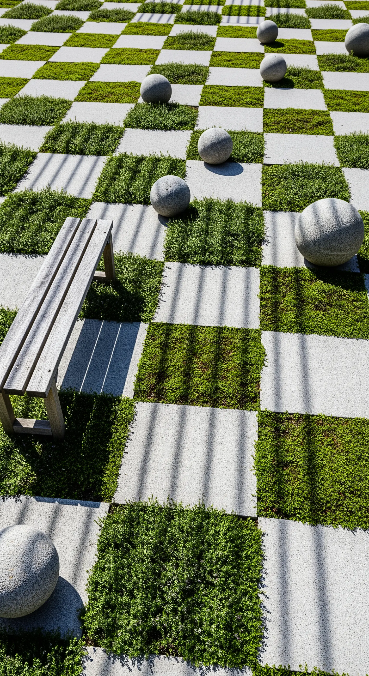 Bodenbelag im Schachbrettmuster aus Gras und Betonplatten