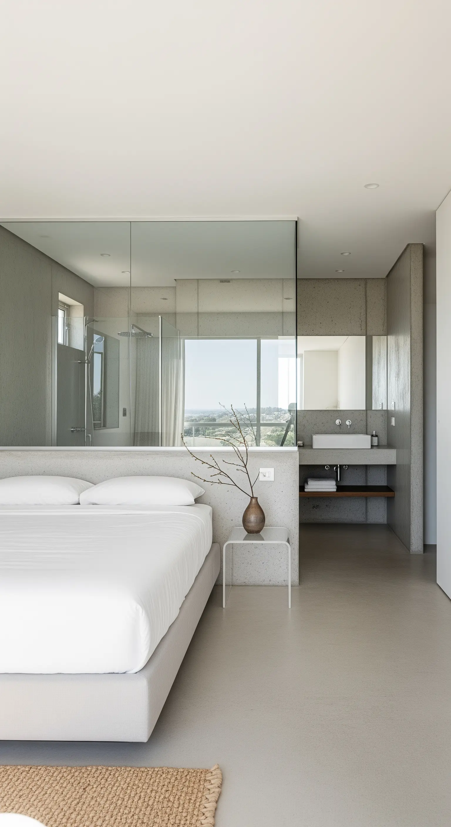 Schlafzimmer mit Glaswand zum Badezimmer und Betonboden