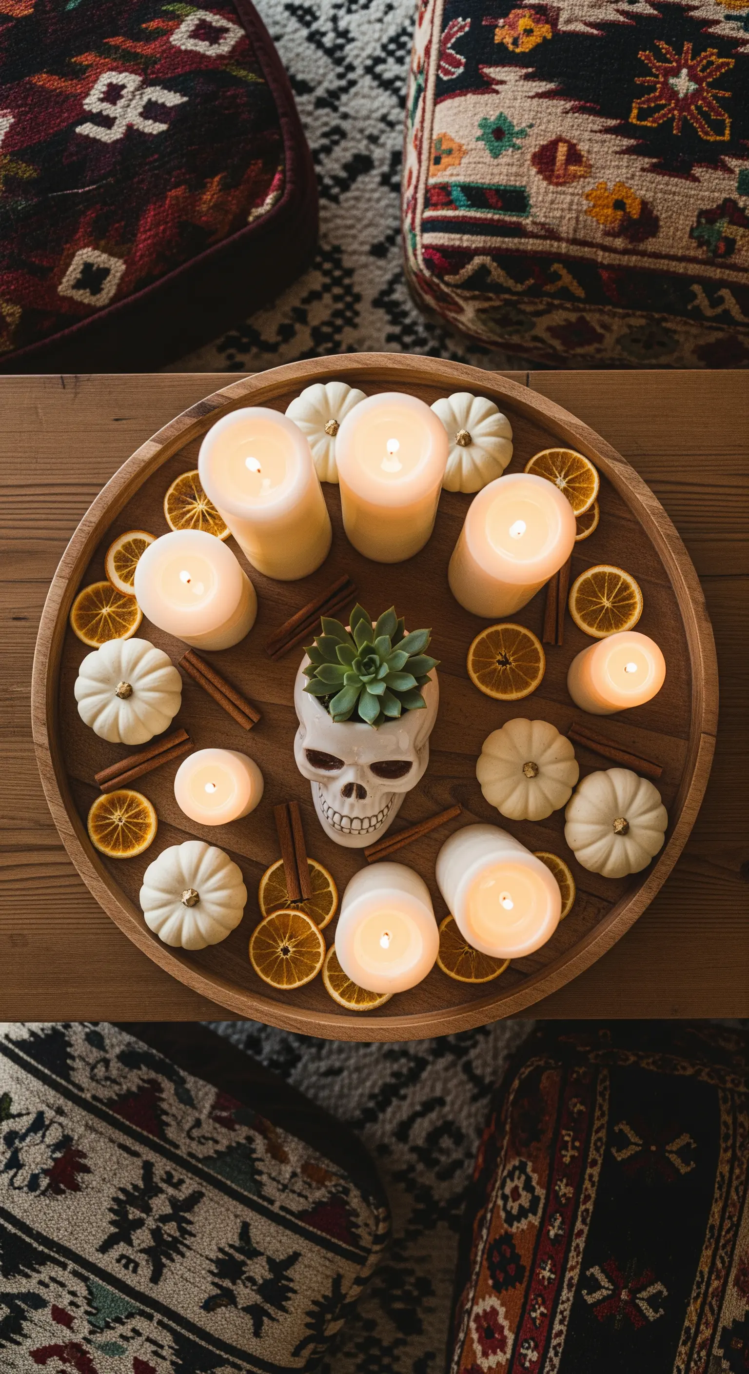 Holztablett mit Kerzen, Kürbissen und Totenkopf-Topf