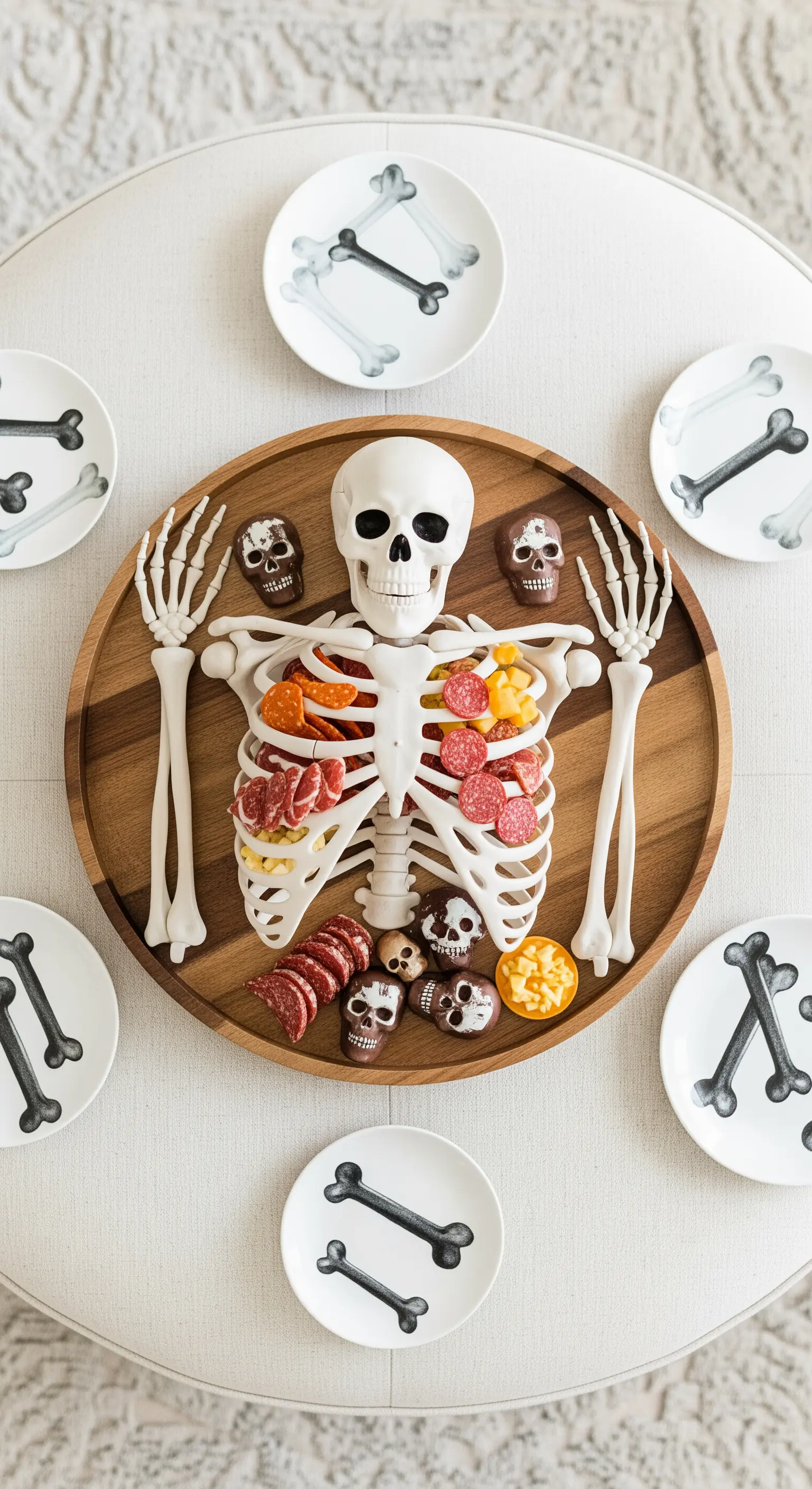 Charcuterie-Board mit Skelett und Snacks auf Holzbrett