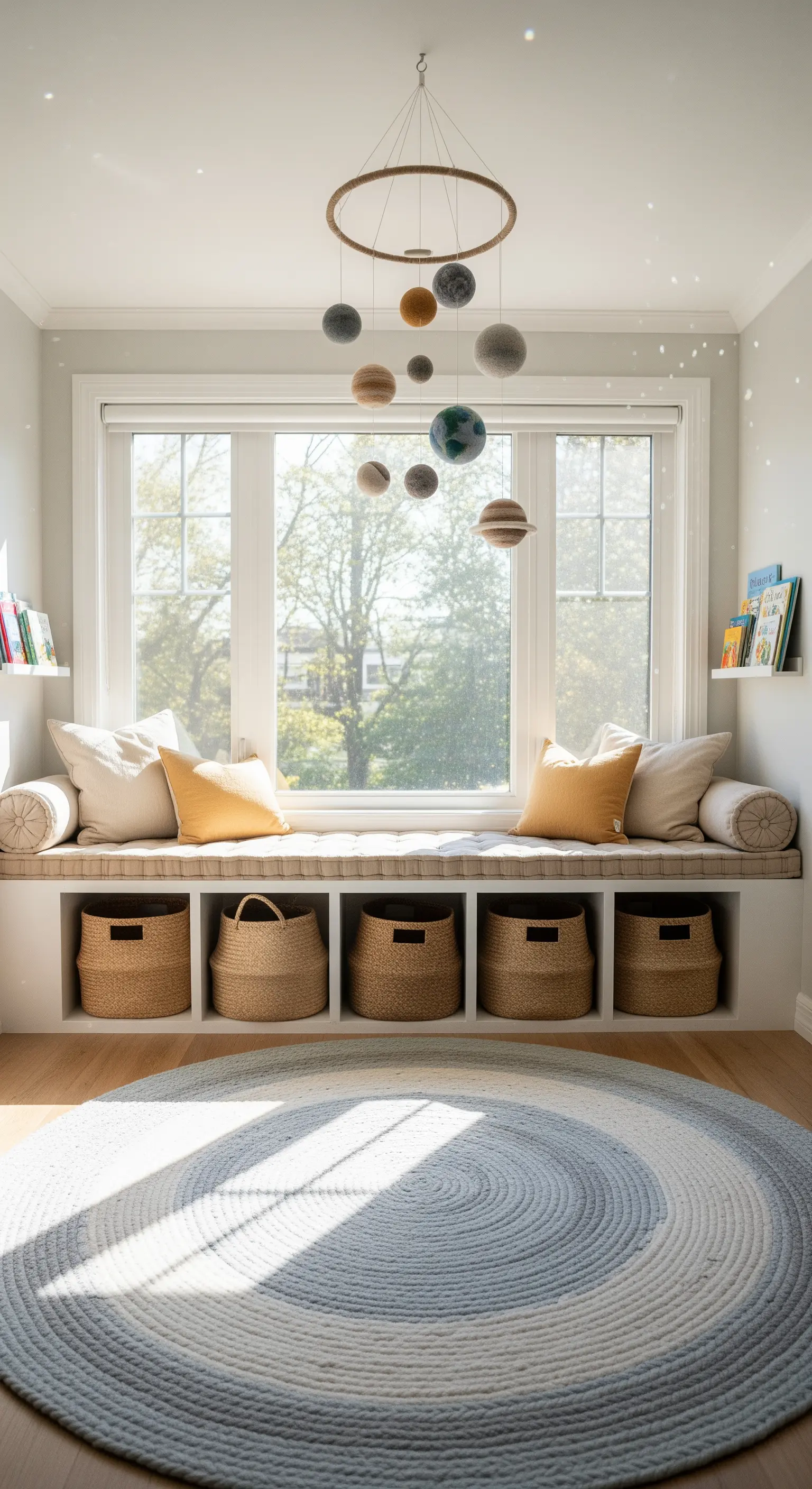 Fenstersitzbank mit Sonnensystem-Mobile und runden Teppichen