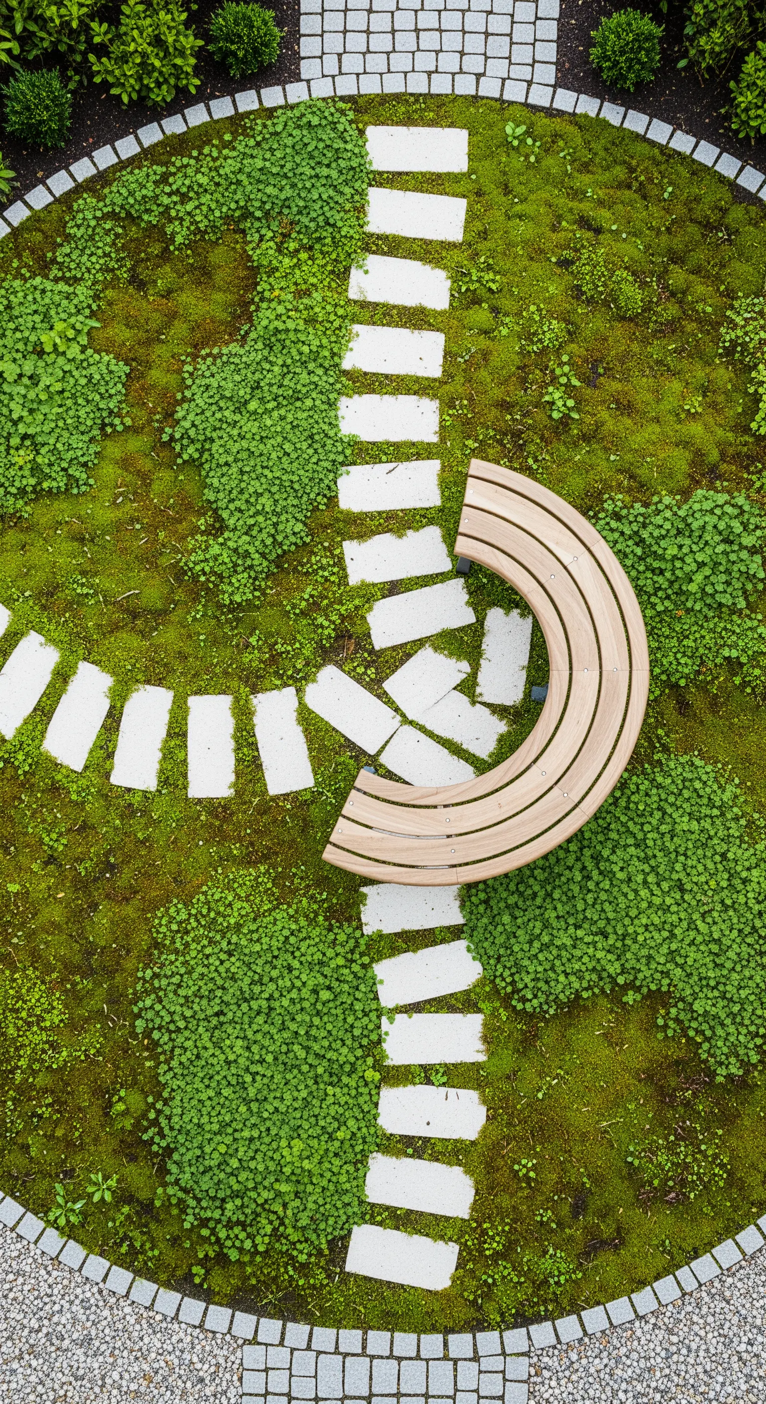 Runder Rasenkreis mit geschwungener Holzbank