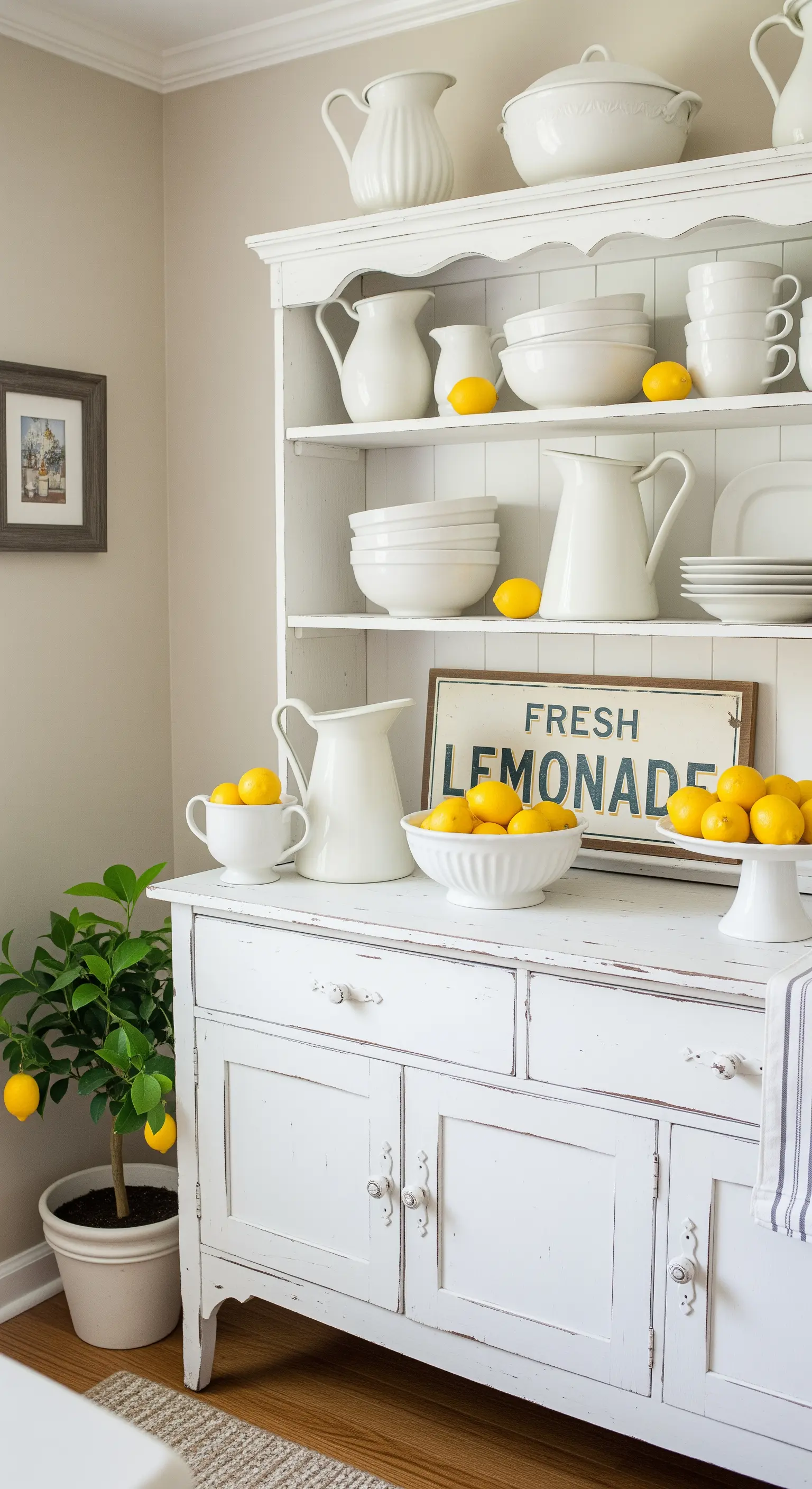 Weißes Buffet mit Geschirr und verteilten Zitronen