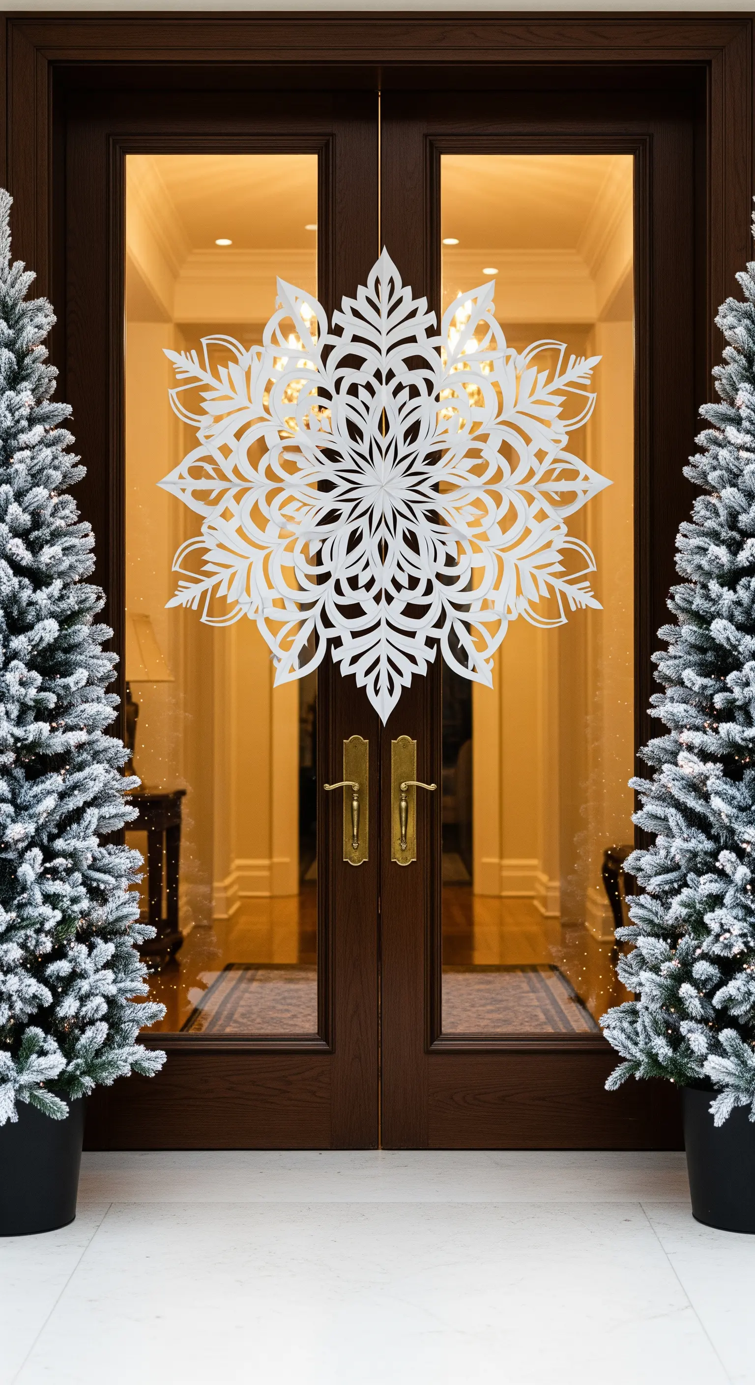 Dunkle Eingangstür, an der zentral eine riesige, detaillierte Papier-Schneeflocke hängt.