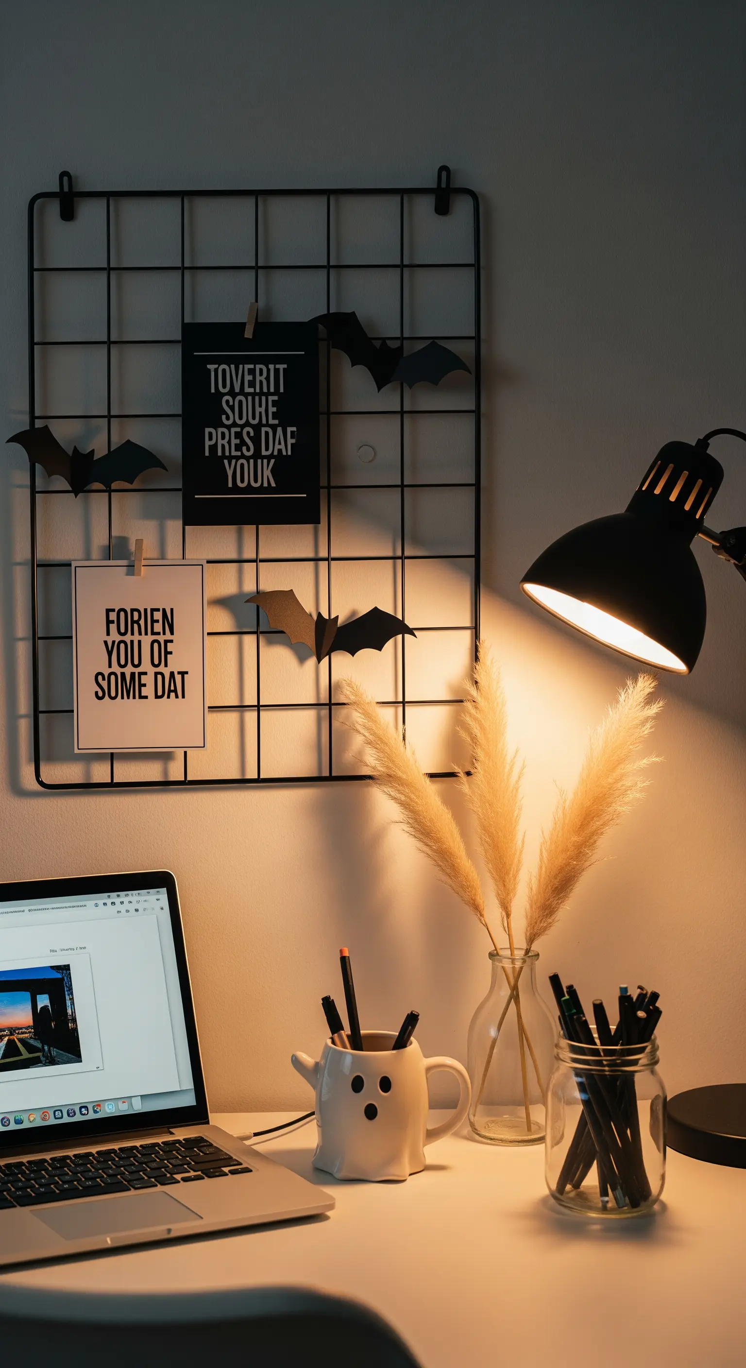 Schreibtisch mit Wandgitter und Fledermaus-Deko