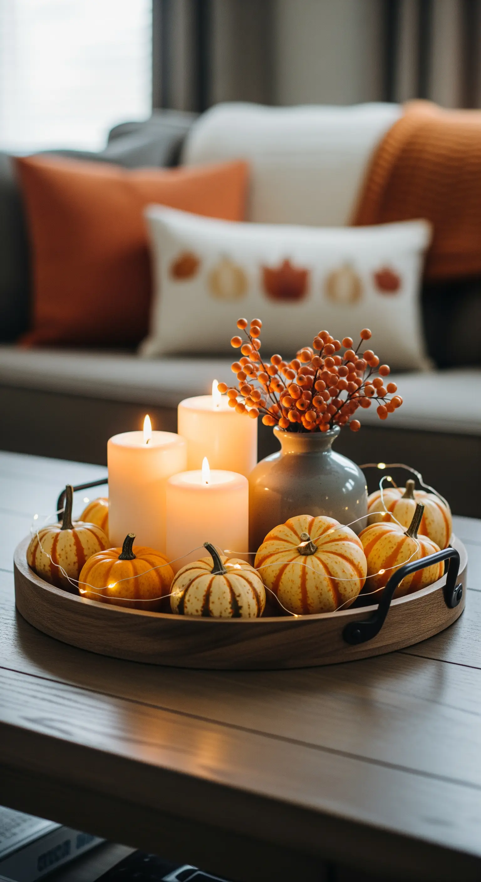 Holztablett auf Couchtisch mit Kerzen, Beerenzweigen und gestreiften Zierkürbissen