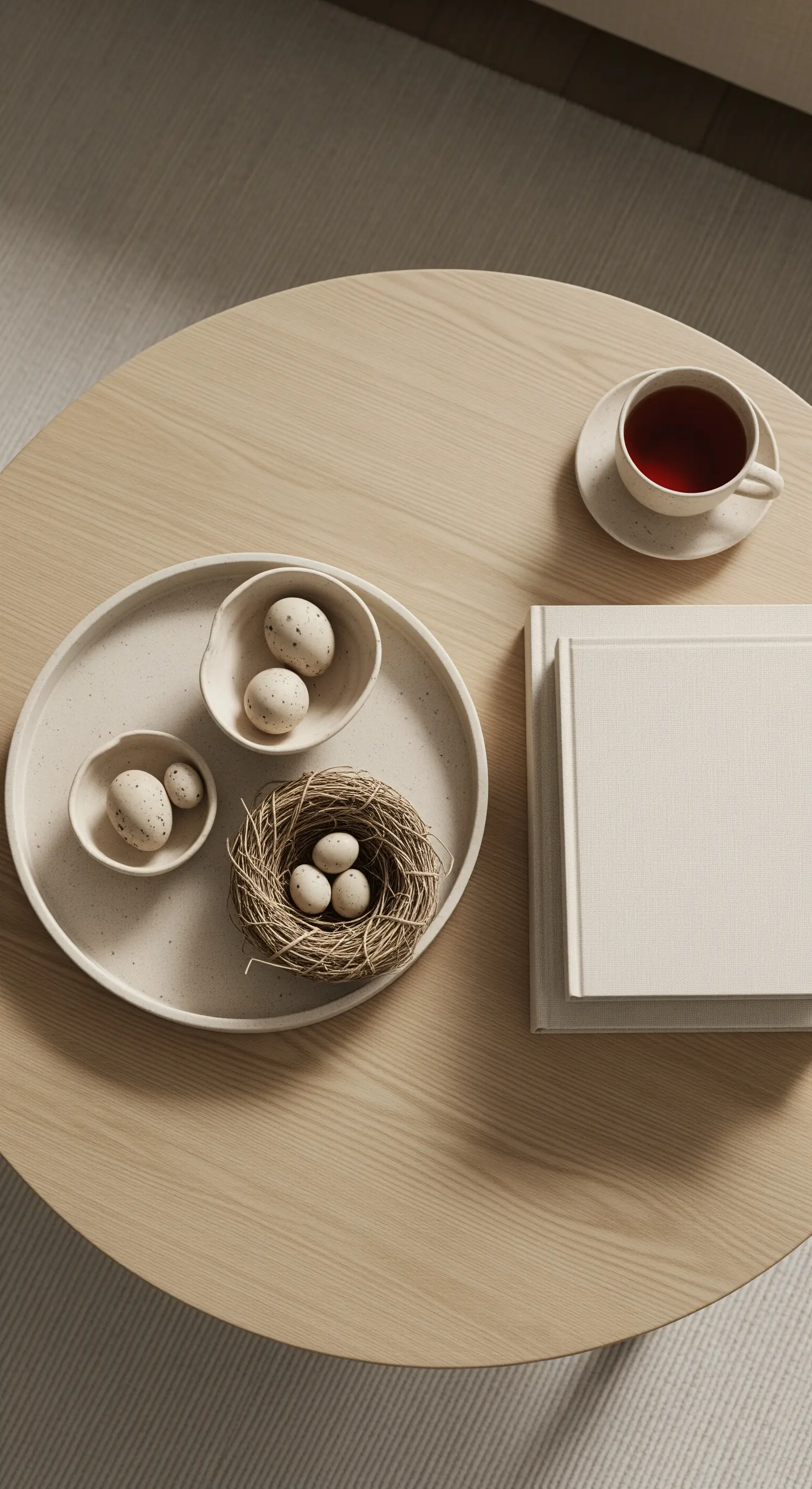 Flatlay eines runden Holztisches mit Deko-Tablett und Eiern