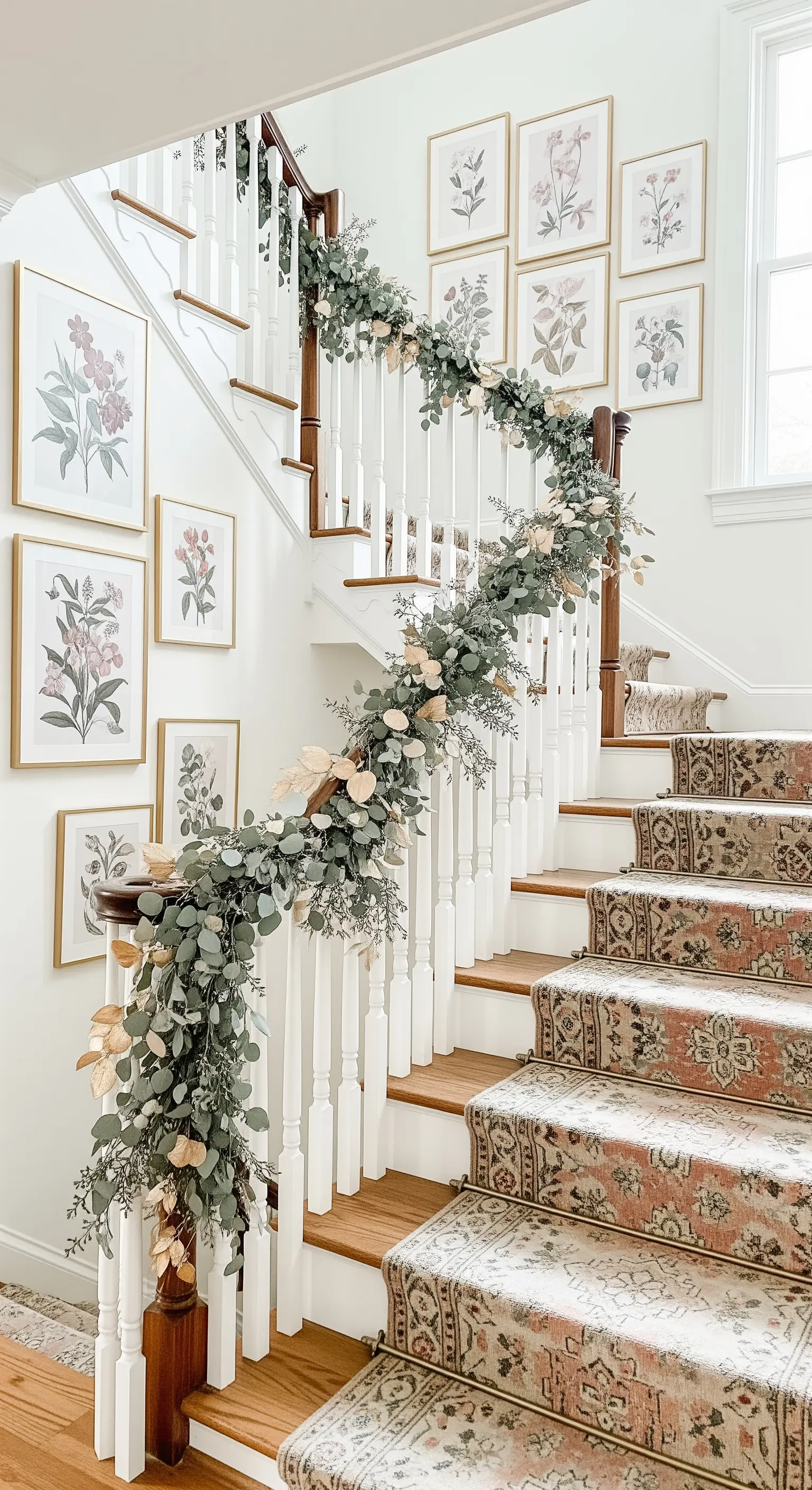 Treppenhaus mit Eukalyptus-Girlande und Bildergalerie