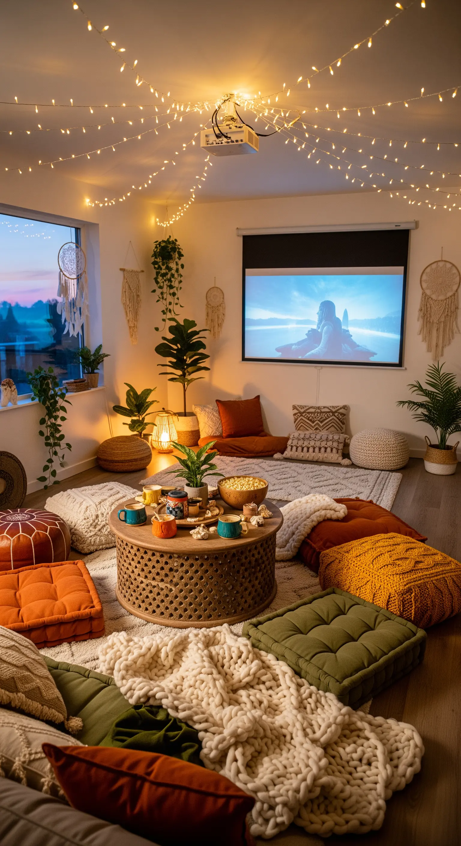 Heimkino-Setup am Boden mit vielen Decken, Kissen und Beamer