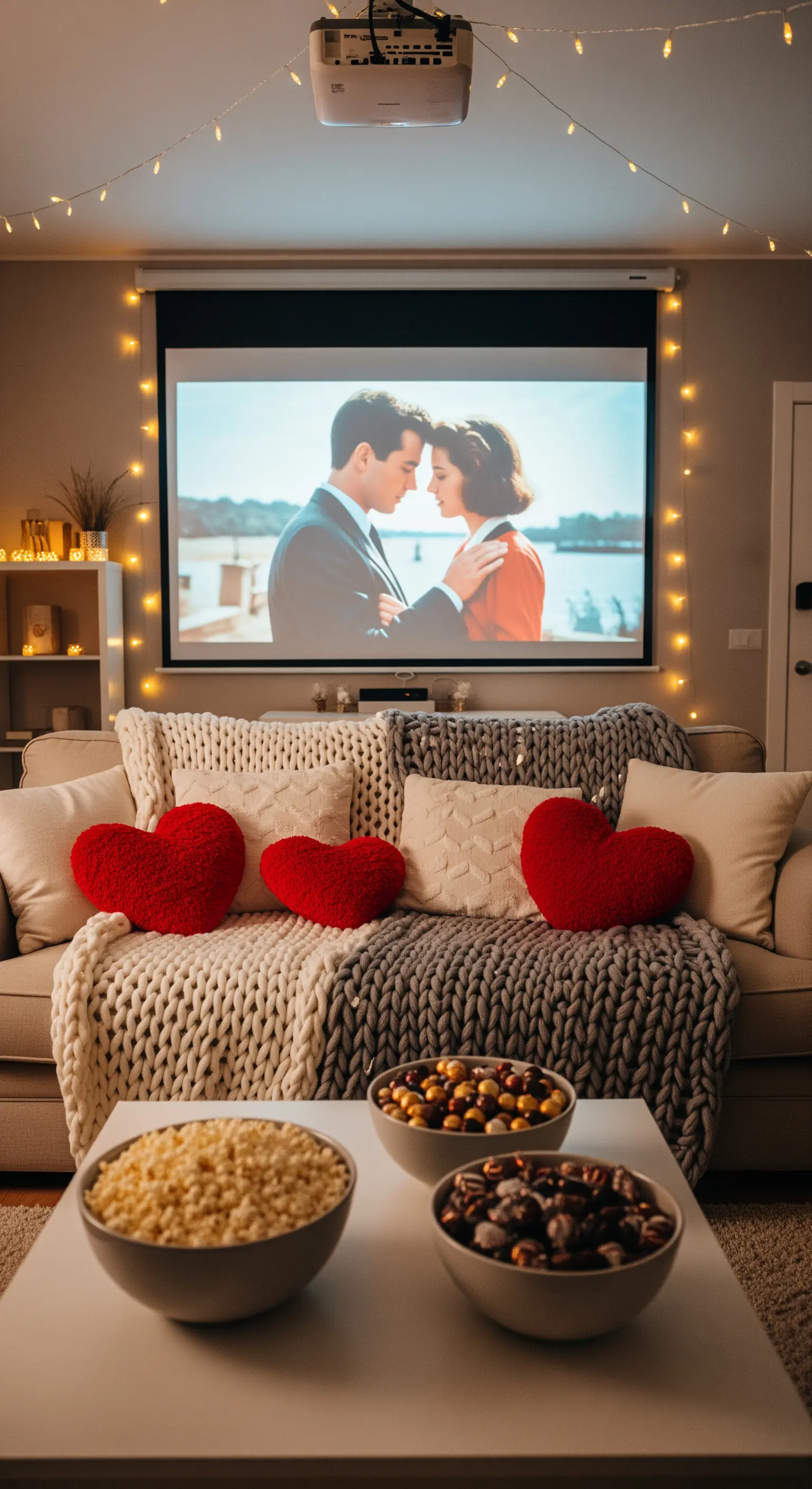 Heimkino-Abend mit Beamer, Grobstrickdecken und Herz-Kissen