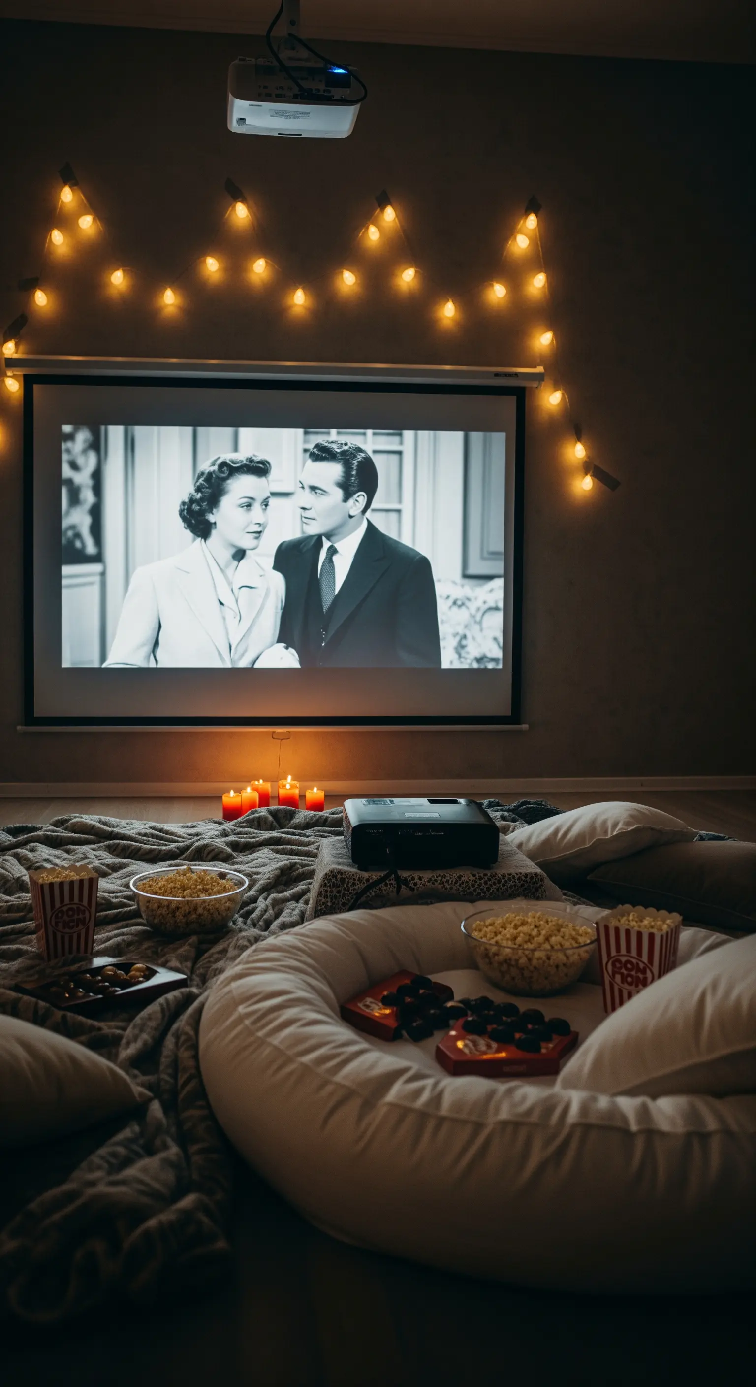 Heimkino Setup mit Bodenmatratzen und Lichterkette