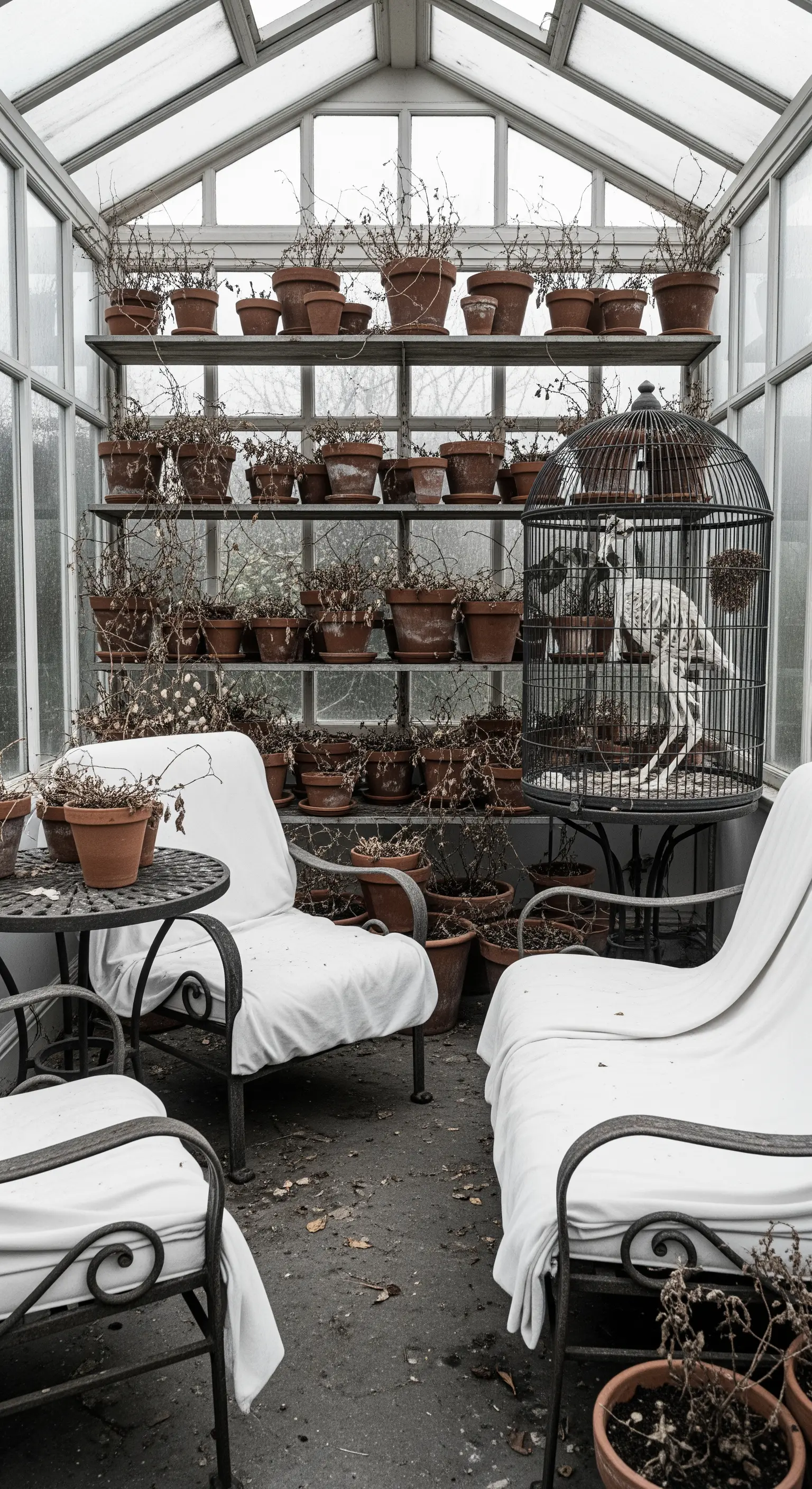 Wintergarten mit toten Pflanzen und Vogelkäfig