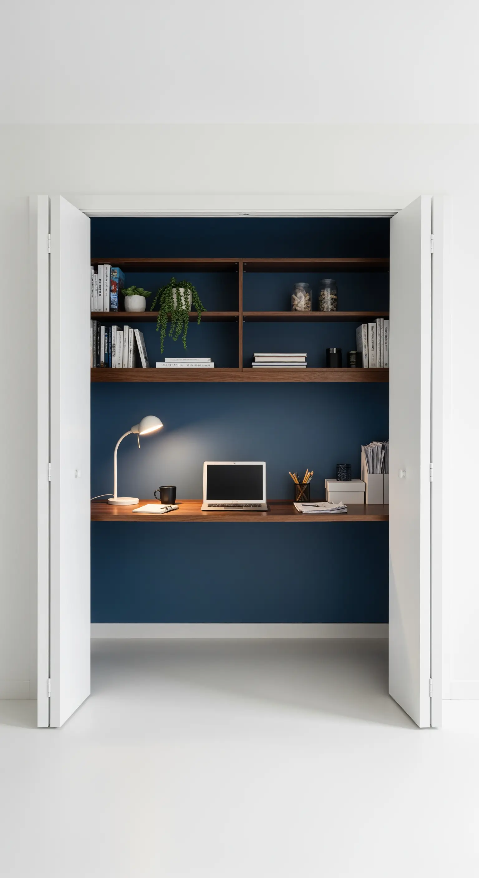 Schreibtisch und Regale eingebaut in blauer Schranknische