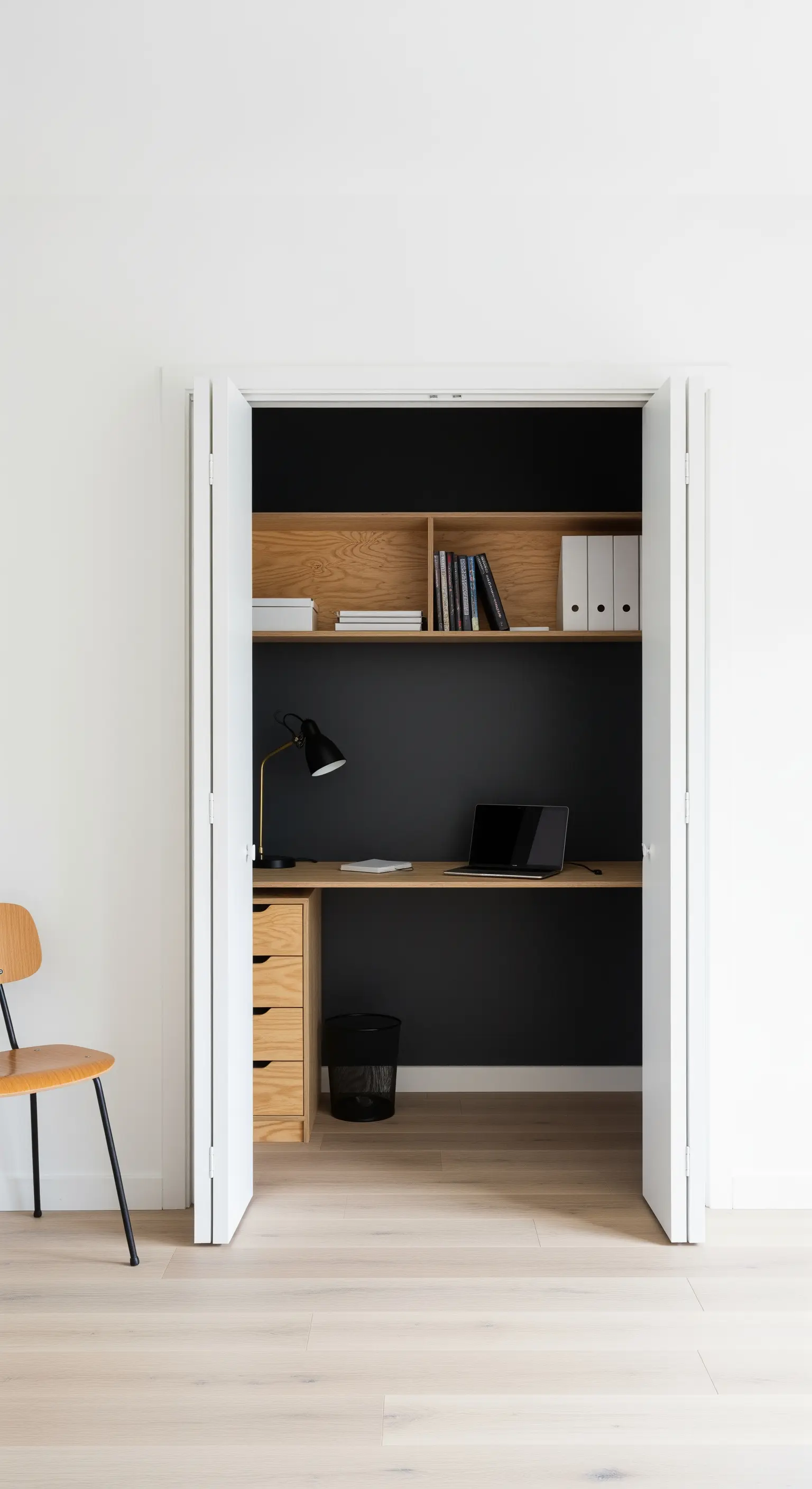 Schrankbüro mit schwarzer Rückwand und hellen Holzelementen