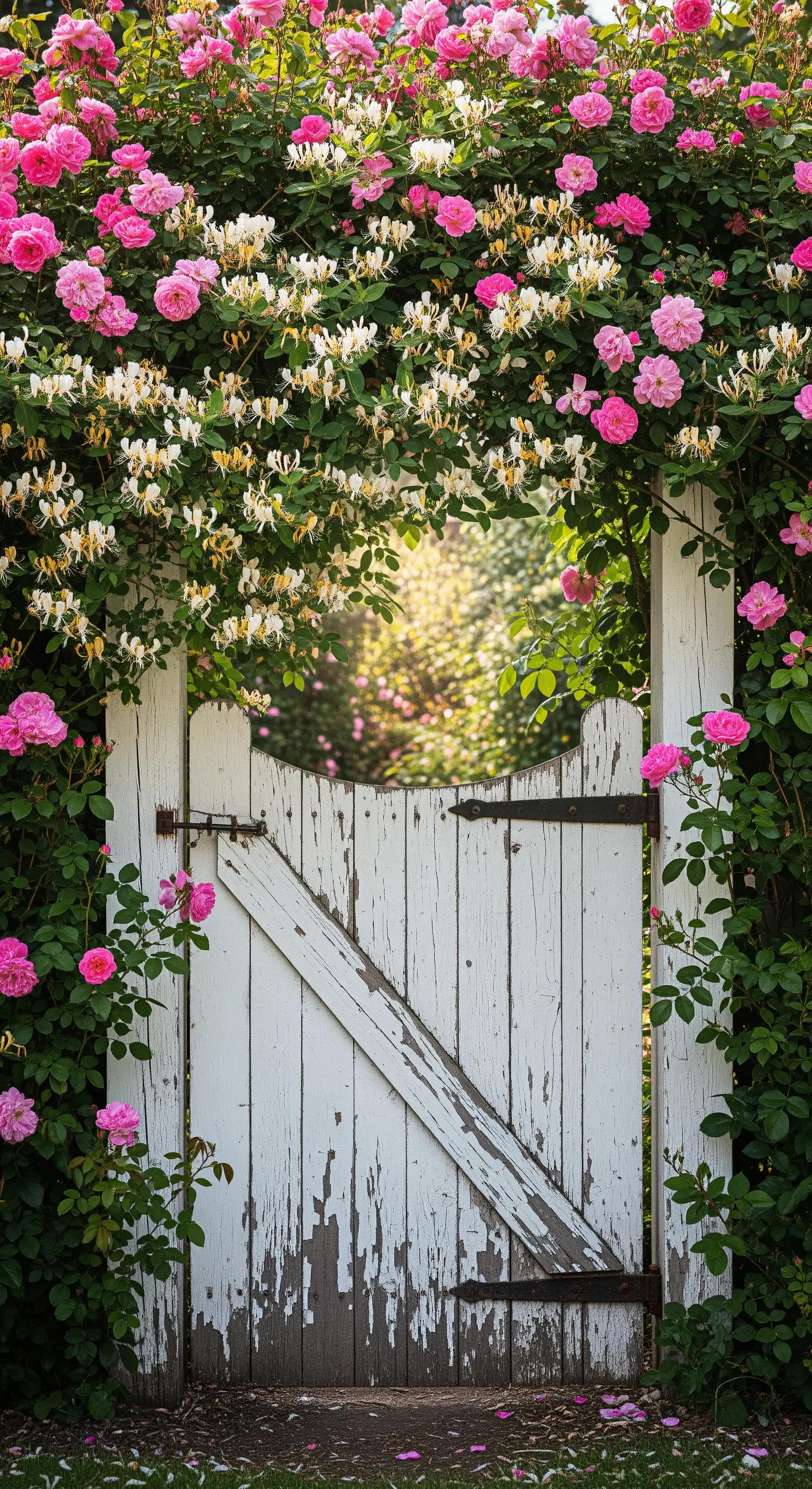 Weißes Holztor mit Rosenbogen