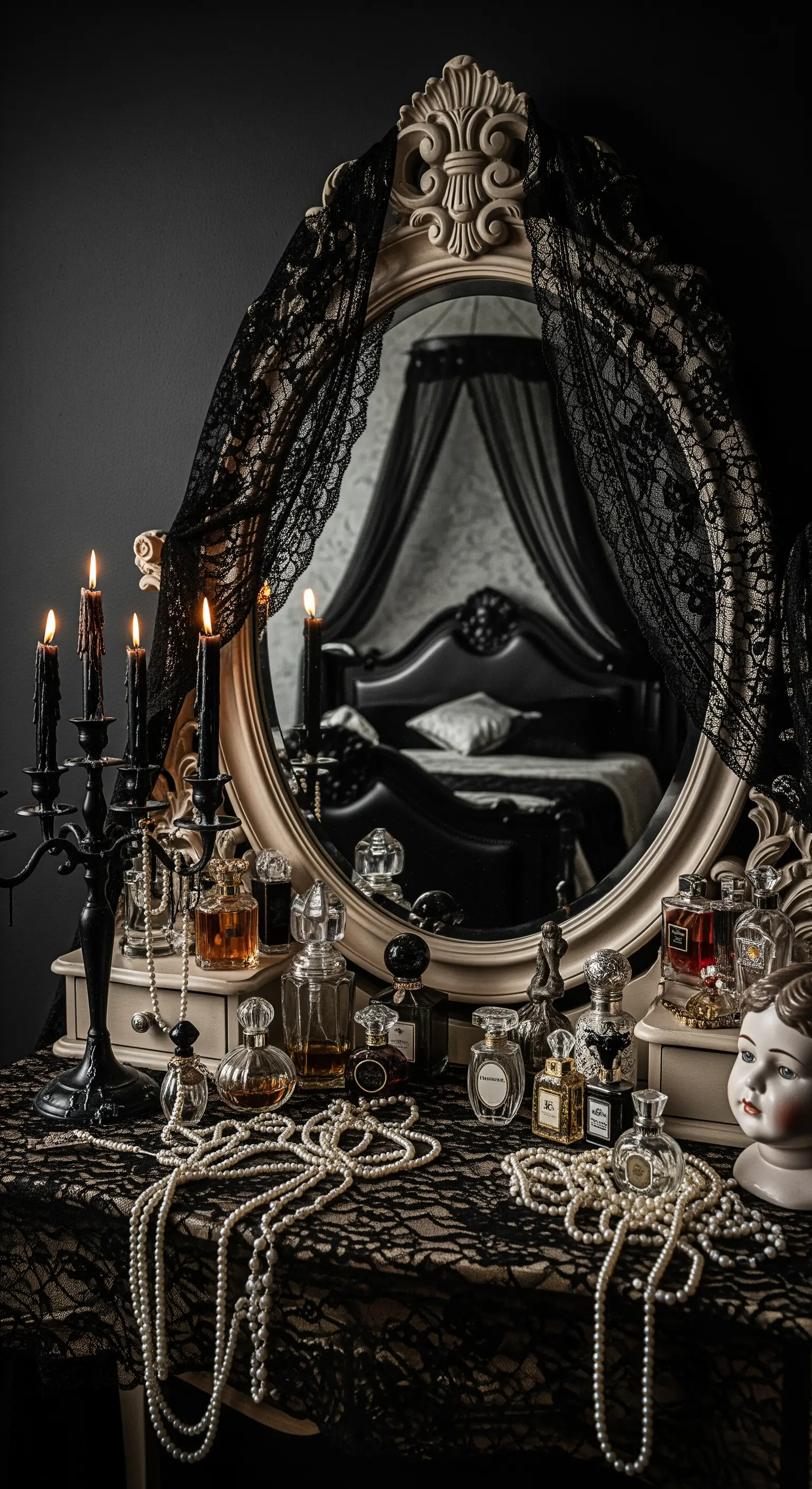 Schminktisch mit schwarzer Spitze, Kandelaber und Perlen