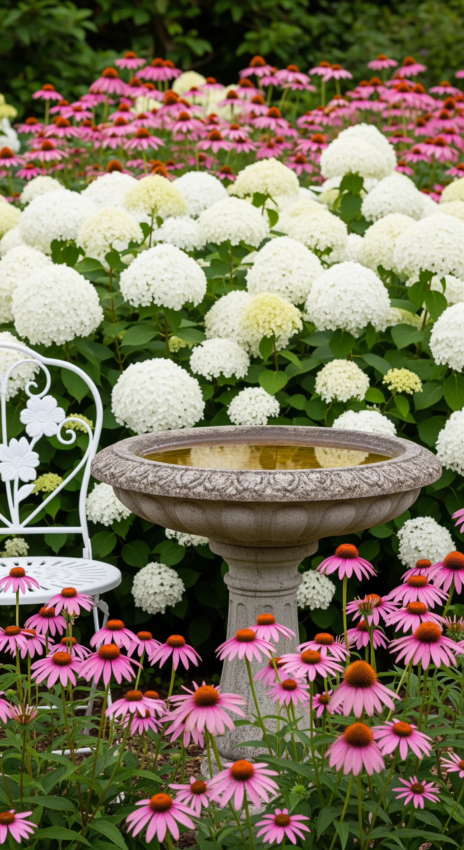 Steinernes Vogelbad im Blumenbeet