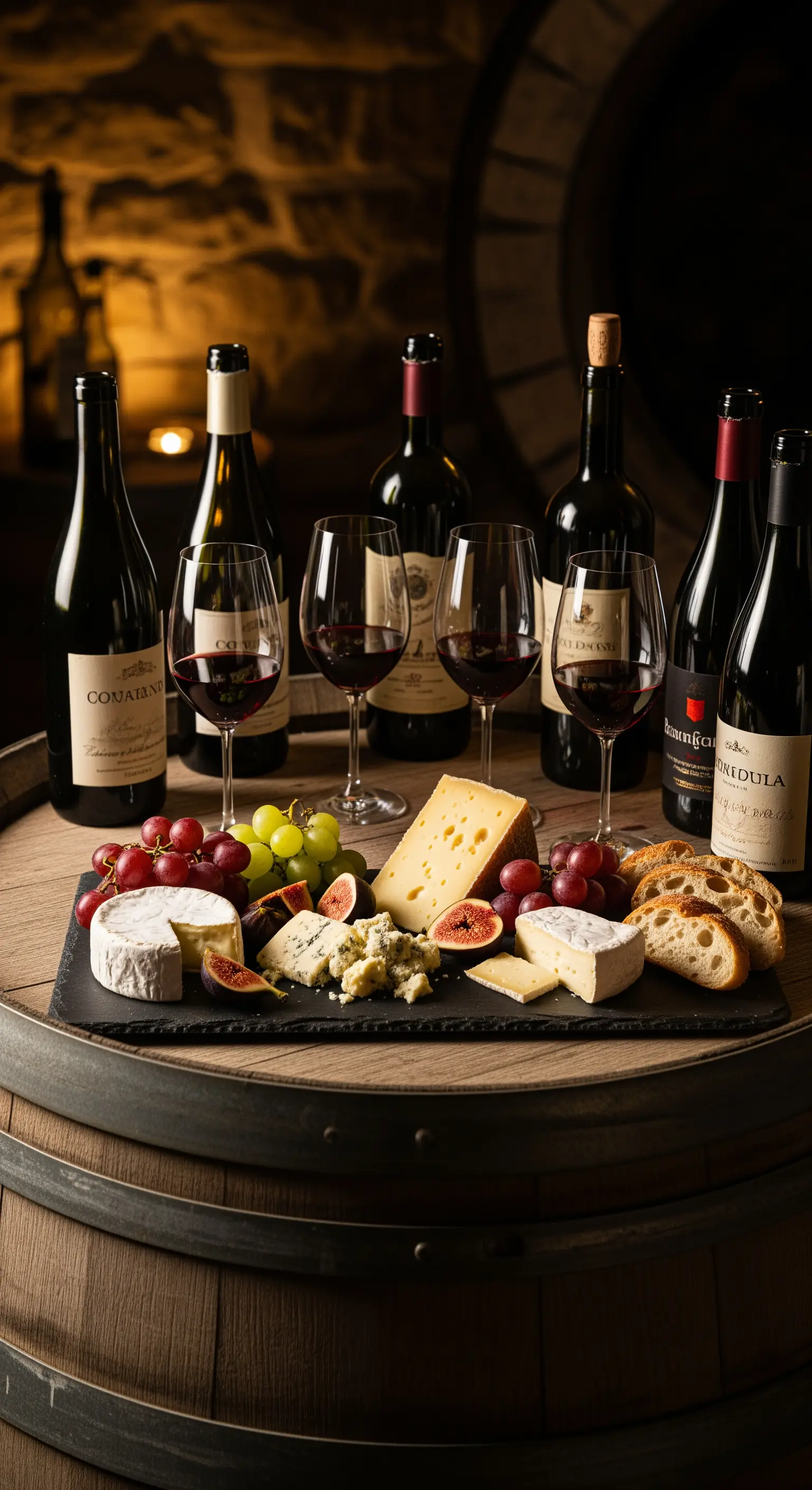 Weinprobe-Setup auf Holzfass mit Käseplatte und Rotwein