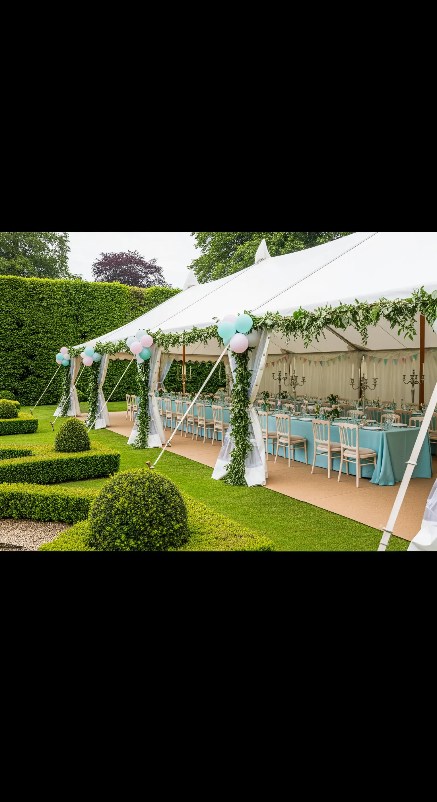 Weißes Festzelt mit grünen Girlanden und blau gedeckten Tischen