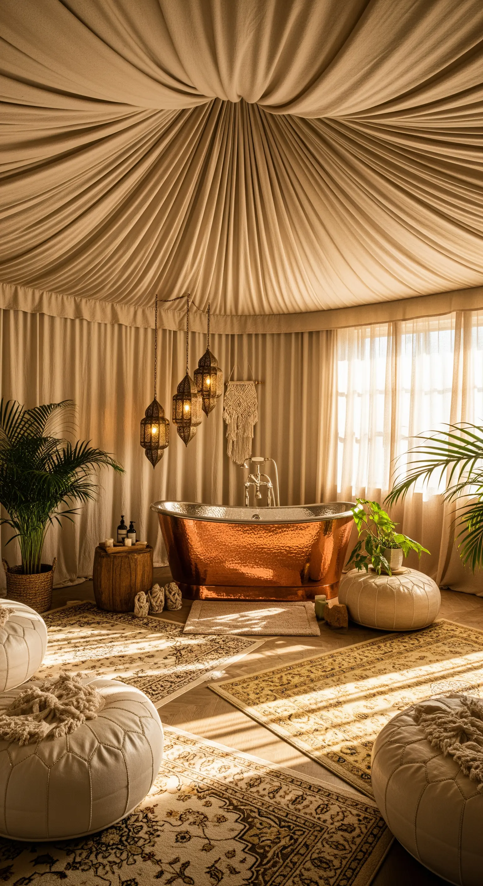 Runder Raum mit stoffbespannter Decke und Kupferwanne