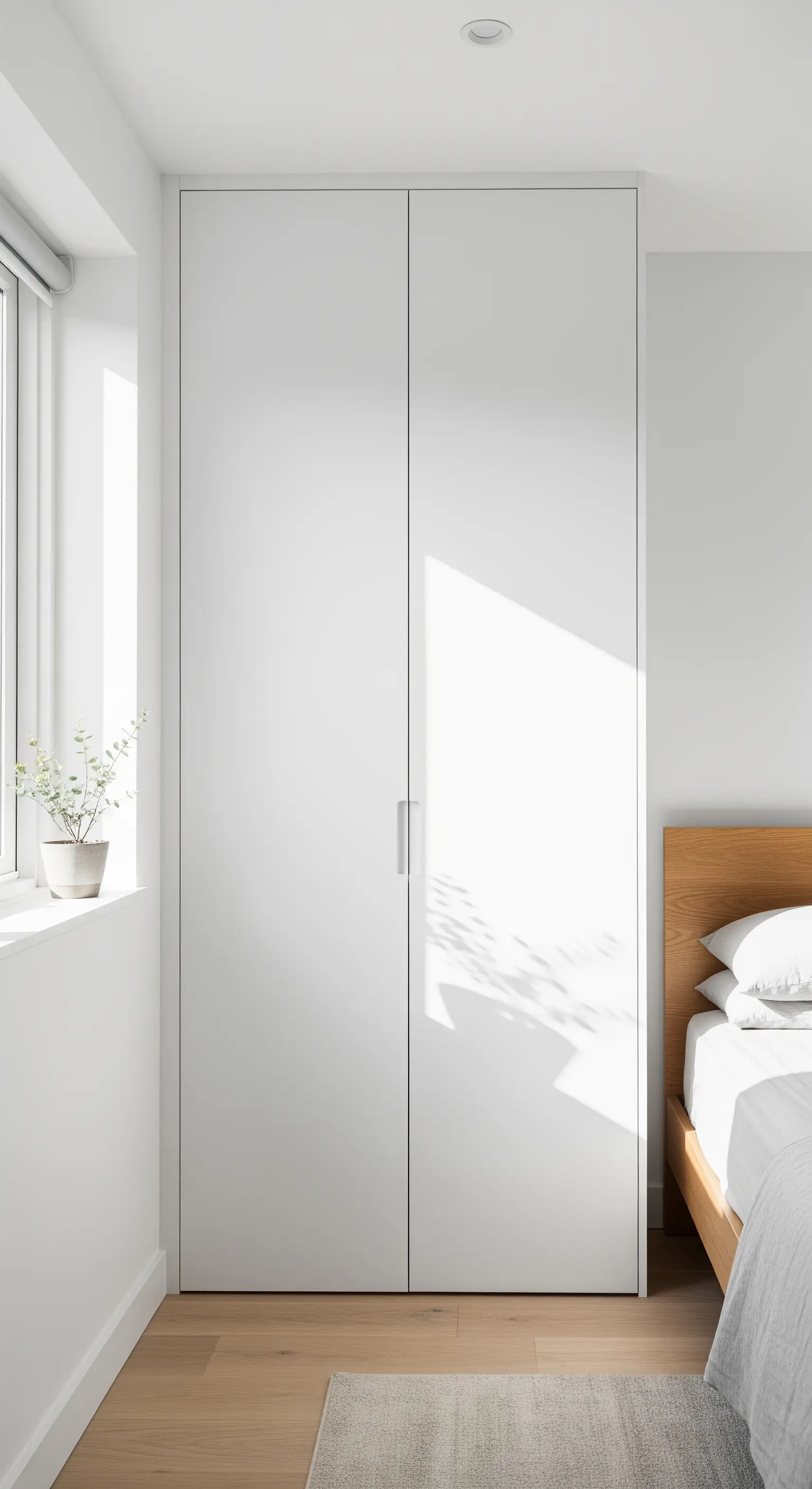 Weißer, deckenhoher Kleiderschrank ohne Griffe