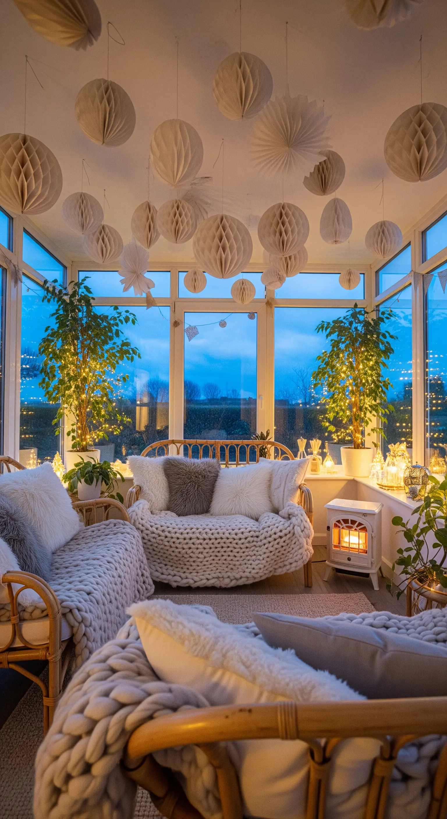 Wintergarten mit Papierwabenbällen an der Decke