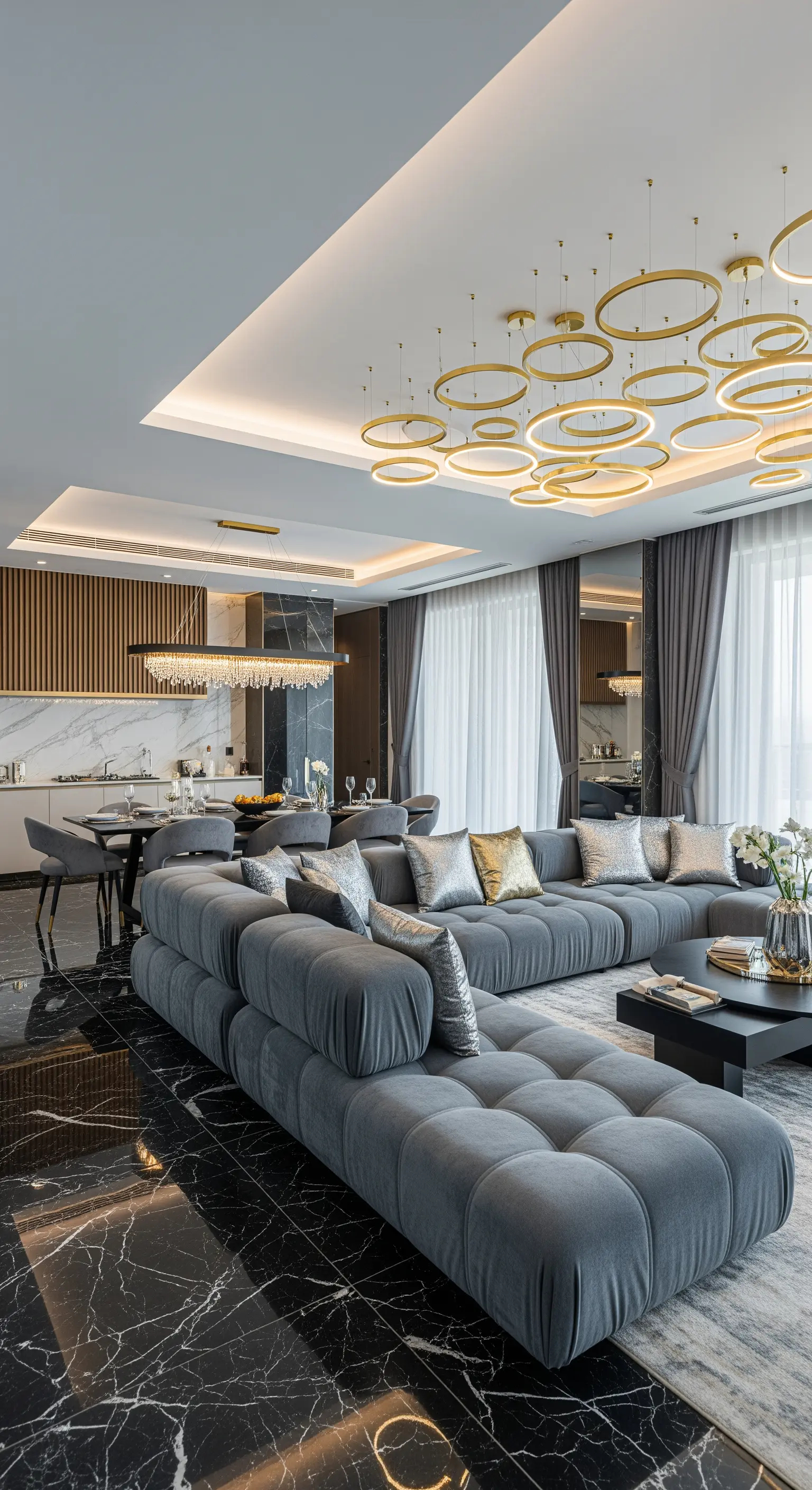 Modernes Luxuswohnzimmer mit vielen goldenen Ring-Leuchten